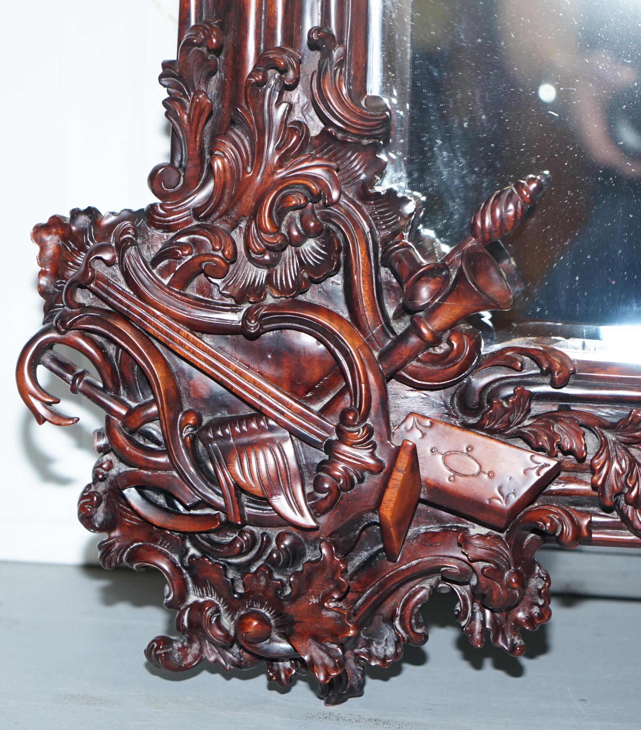 Hand Carved Ornate Mahogany Mirror with Armorial Crest Horns Animals Flowers Cow 4