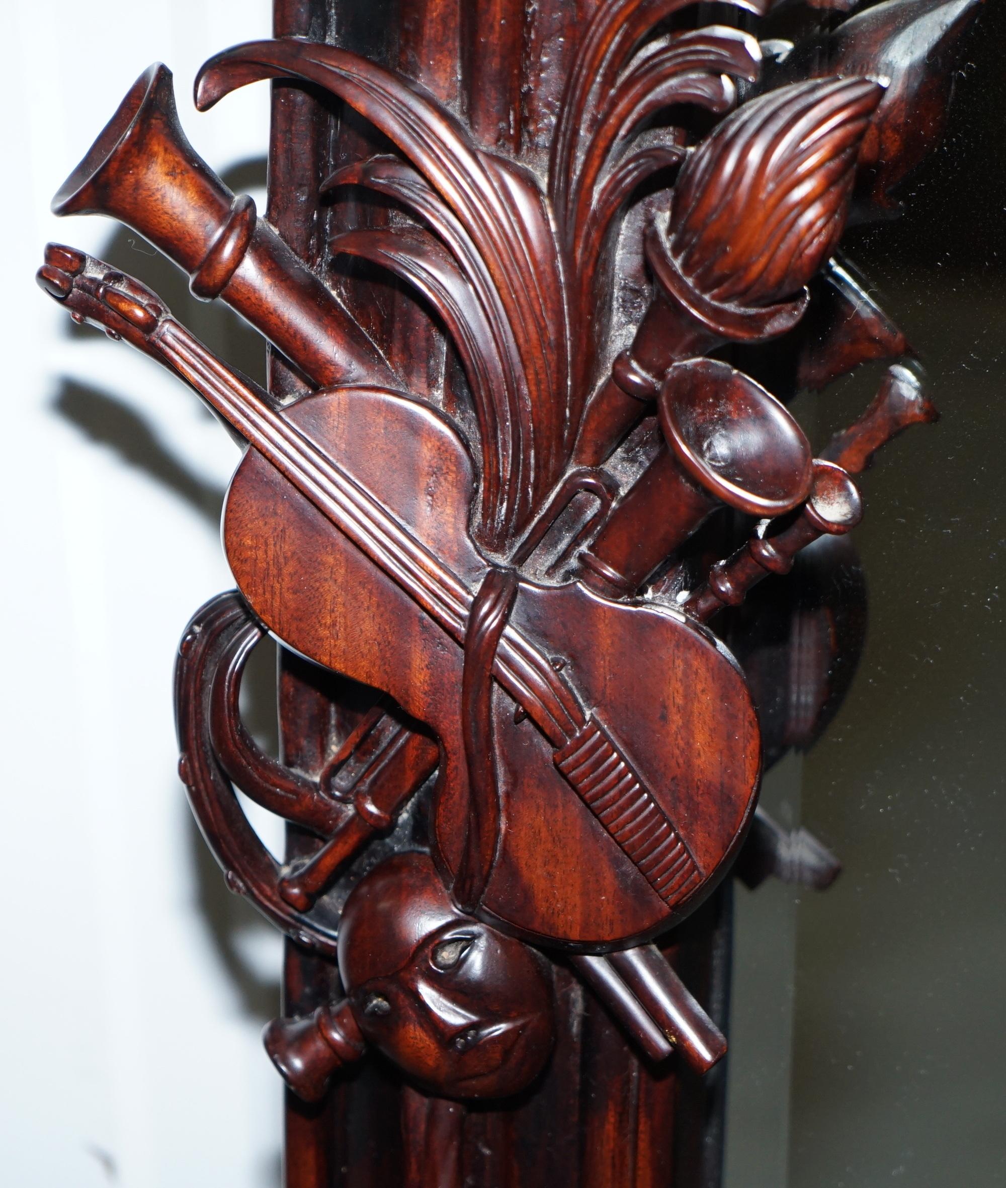 Hand Carved Ornate Mahogany Mirror with Armorial Crest Horns Animals Flowers Cow 2