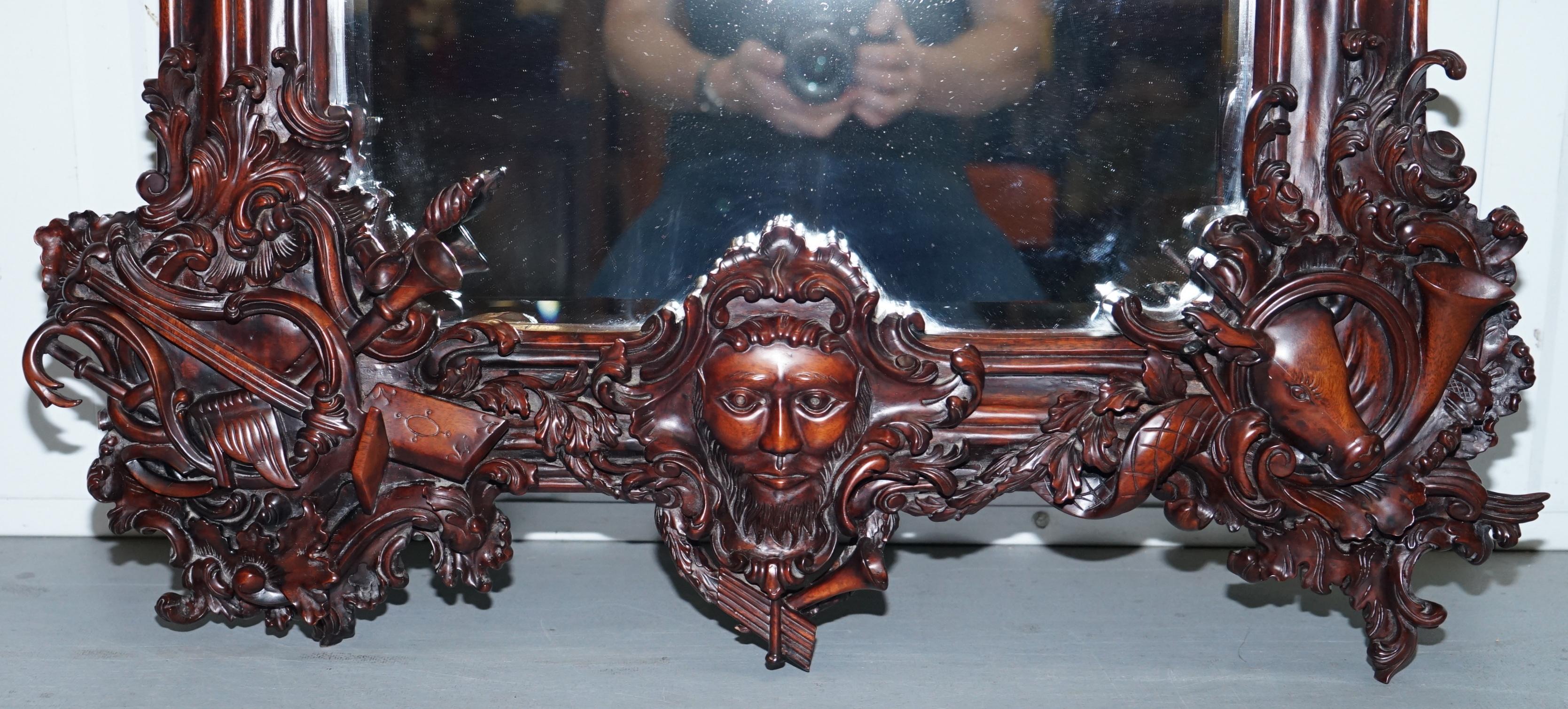 Hand Carved Ornate Mahogany Mirror with Armorial Crest Horns Animals Flowers Cow 3