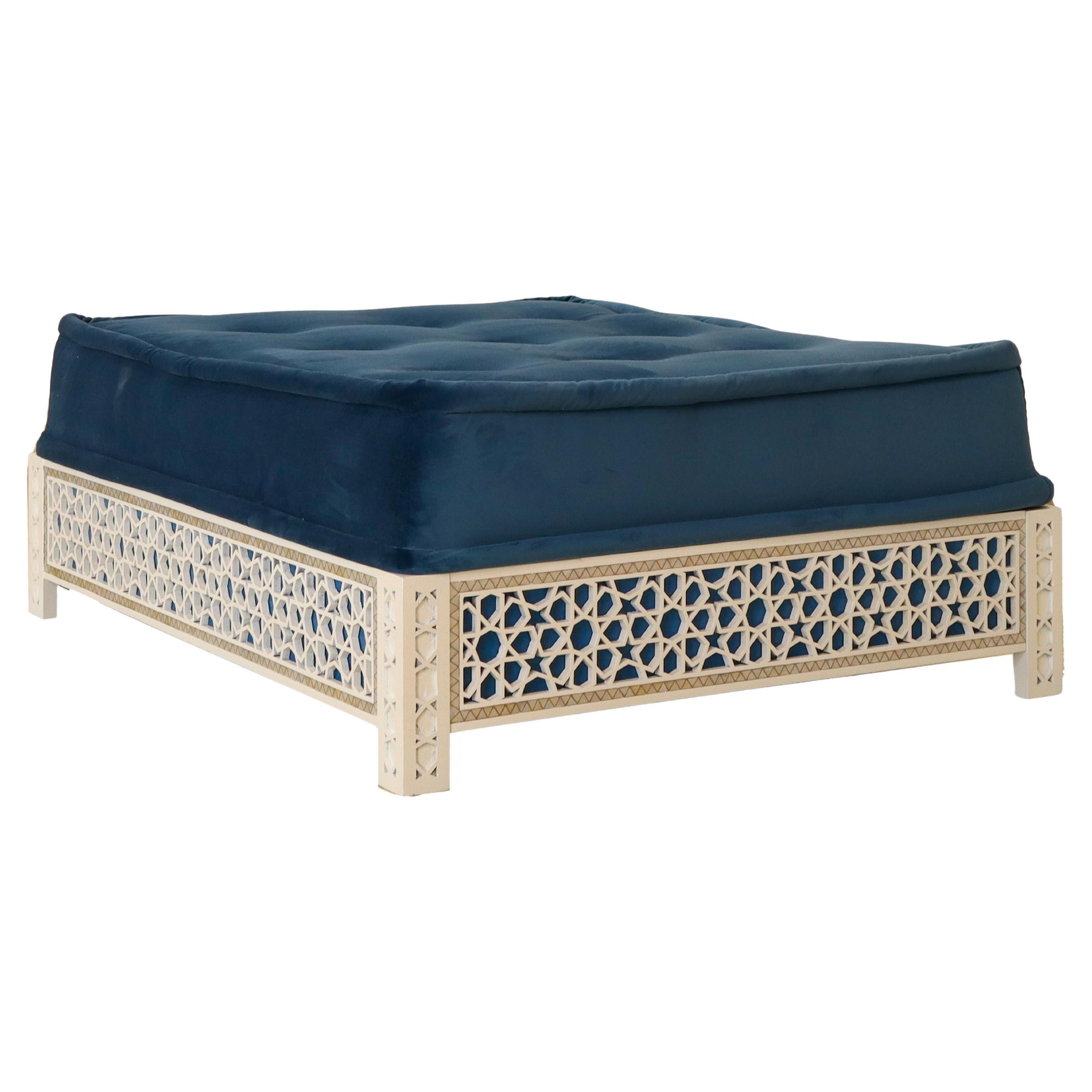 Hand Carved Ottoman Bench Backless Seating Blue Suede For Sale Photo Inspiration