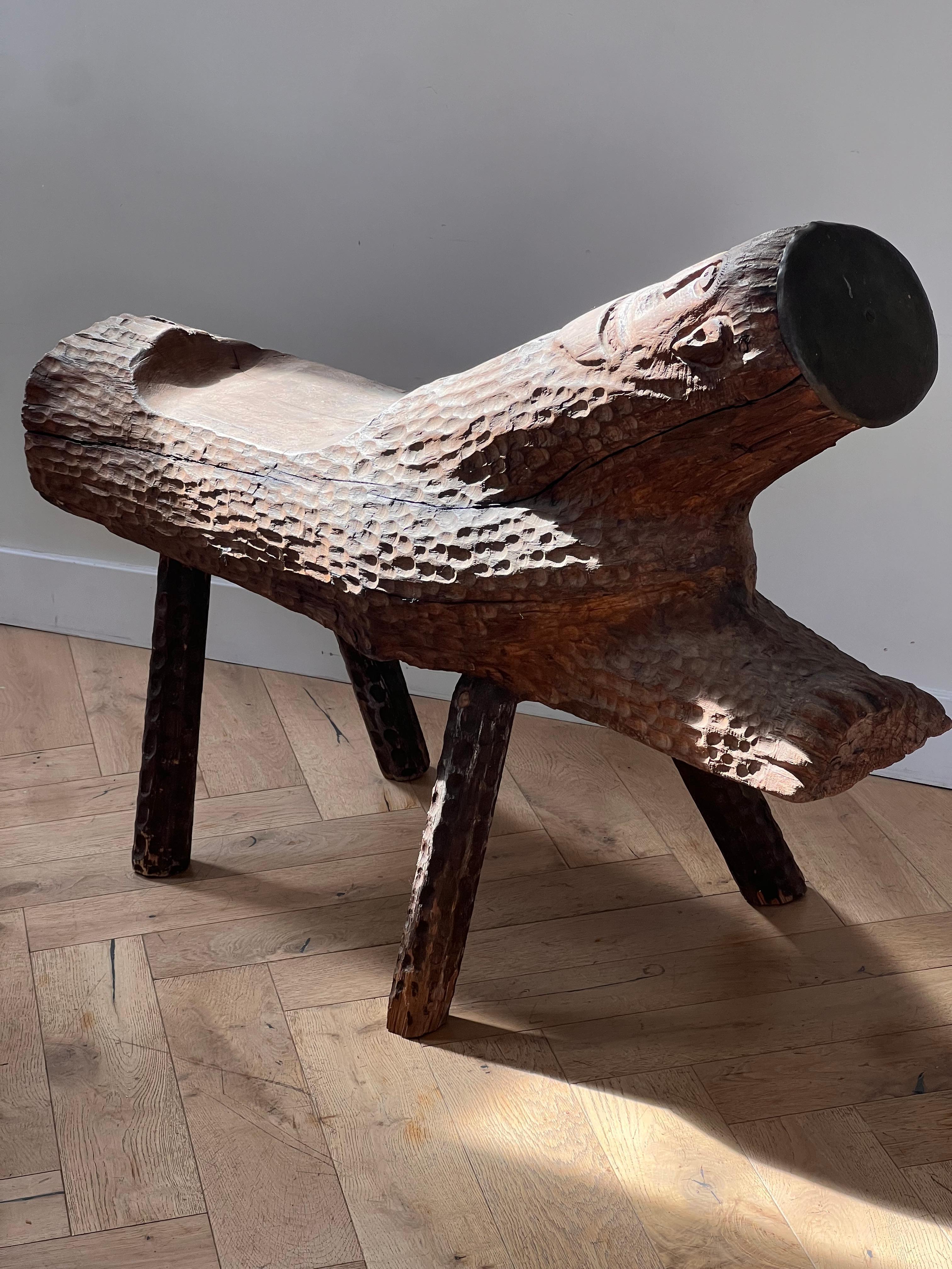 Banc d'art outsider avec visage, sculpté à la main, Twentieth en vente 8