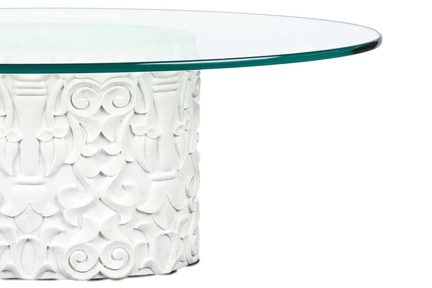 Hand-Carved Oval Marble Coffee Table Base + Glass Top, Stephanie Odegard In Good Condition In Tulsa, OK