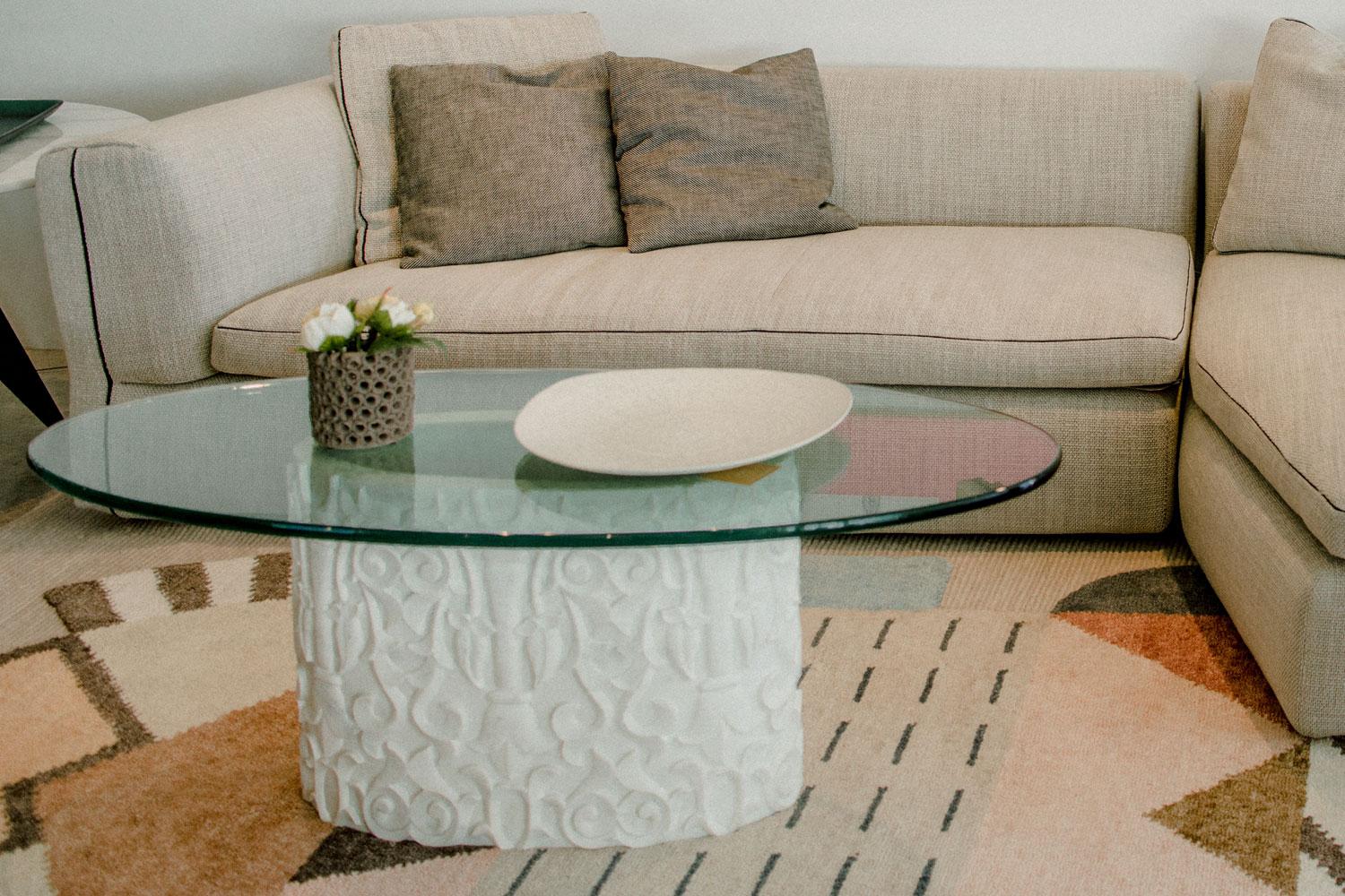 Contemporary Hand-Carved Oval Marble Coffee Table Base + Glass Top, Stephanie Odegard