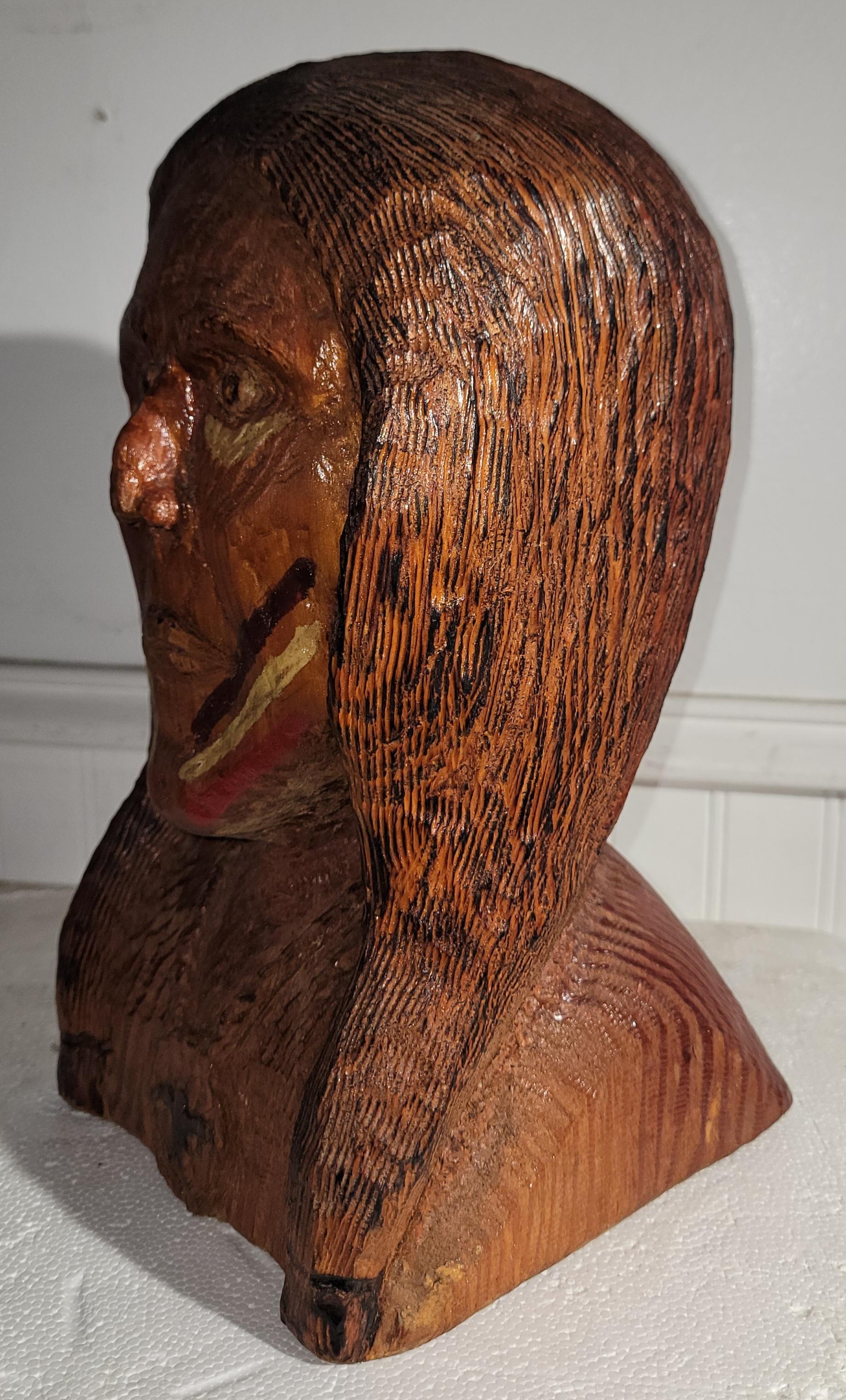 Hand Carved & Painted Indian Head In Good Condition For Sale In Los Angeles, CA