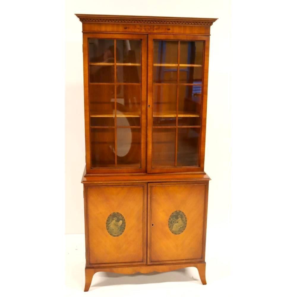 Hand Carved/ Painted Satinwood Adams Style Bookcase / Display Cabinet For Sale 6