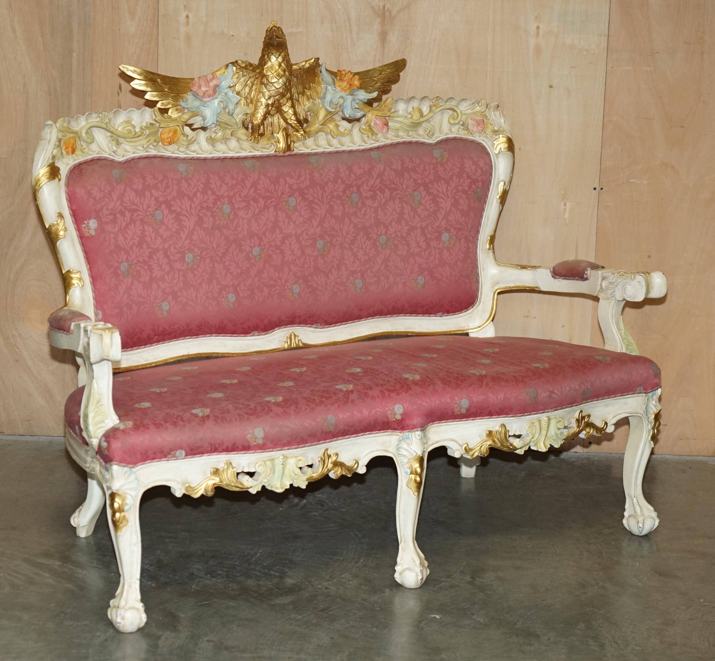 HAND CARVED & PAINTED ViNTAGE FRENCH EMPIRE STYLE EAGLE SOFA AND ARMCHAIR SUITE For Sale 5