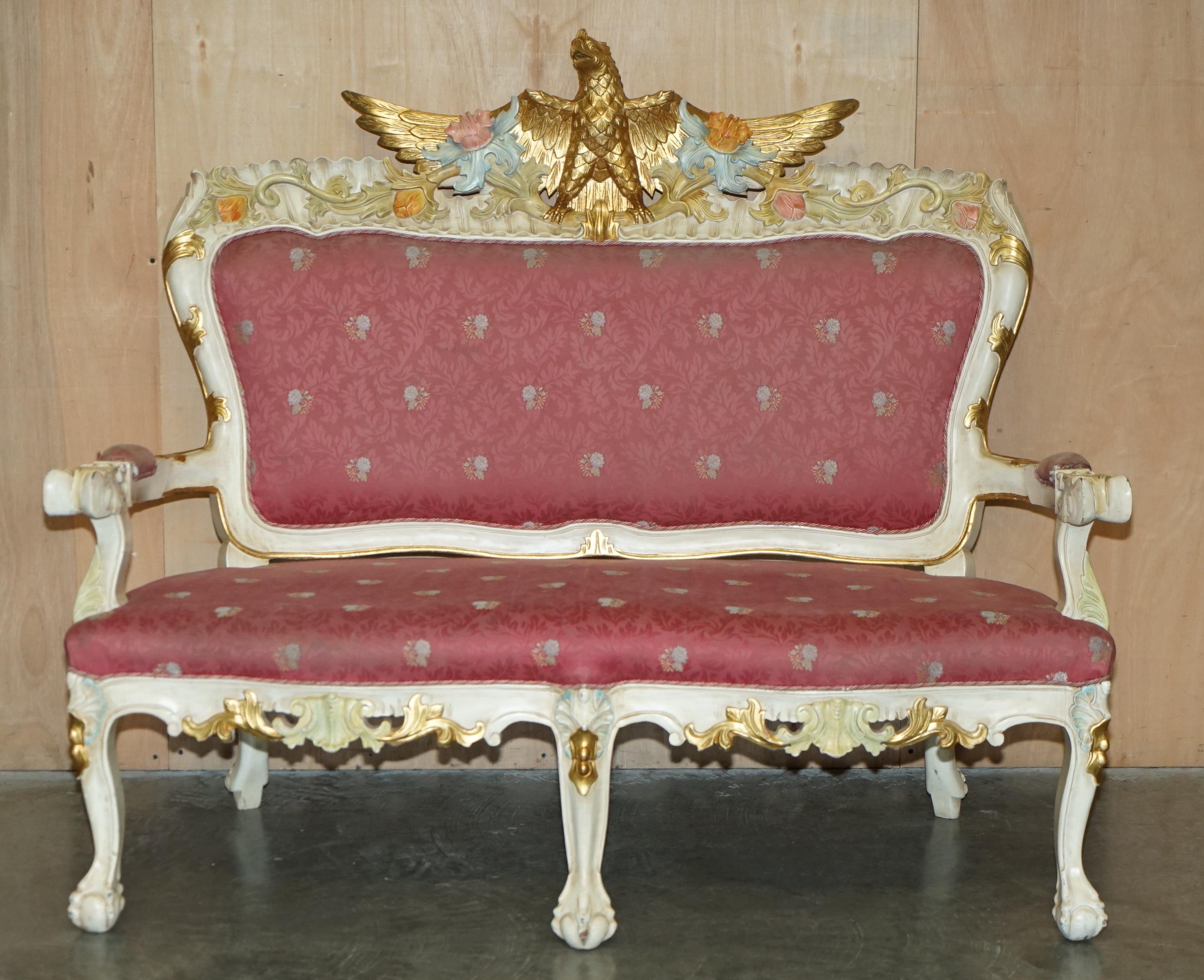 HAND CARVED & PAINTED ViNTAGE FRENCH EMPIRE STYLE EAGLE SOFA AND ARMCHAIR SUITE For Sale 6