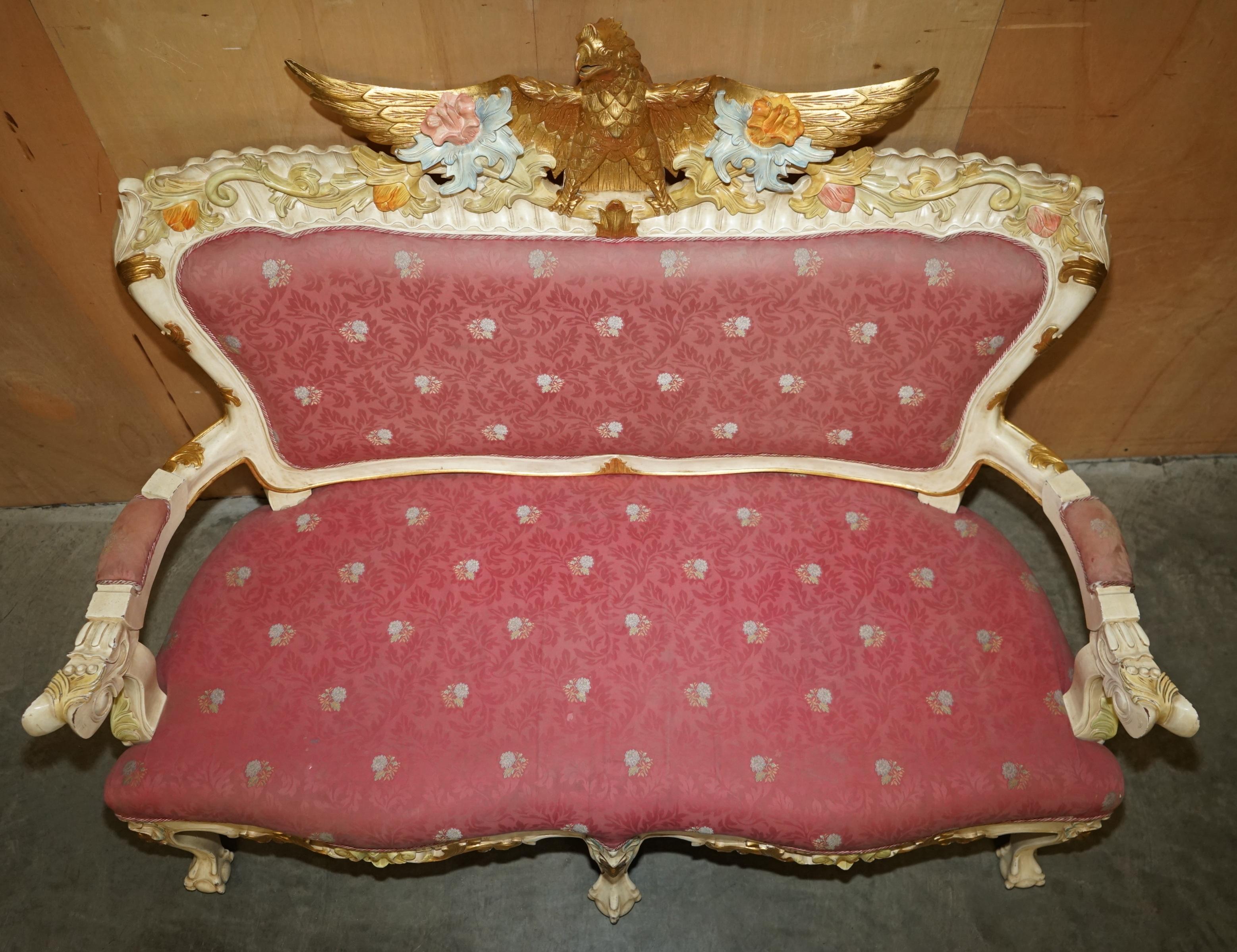 HAND CARVED & PAINTED ViNTAGE FRENCH EMPIRE STYLE EAGLE SOFA AND ARMCHAIR SUITE For Sale 8