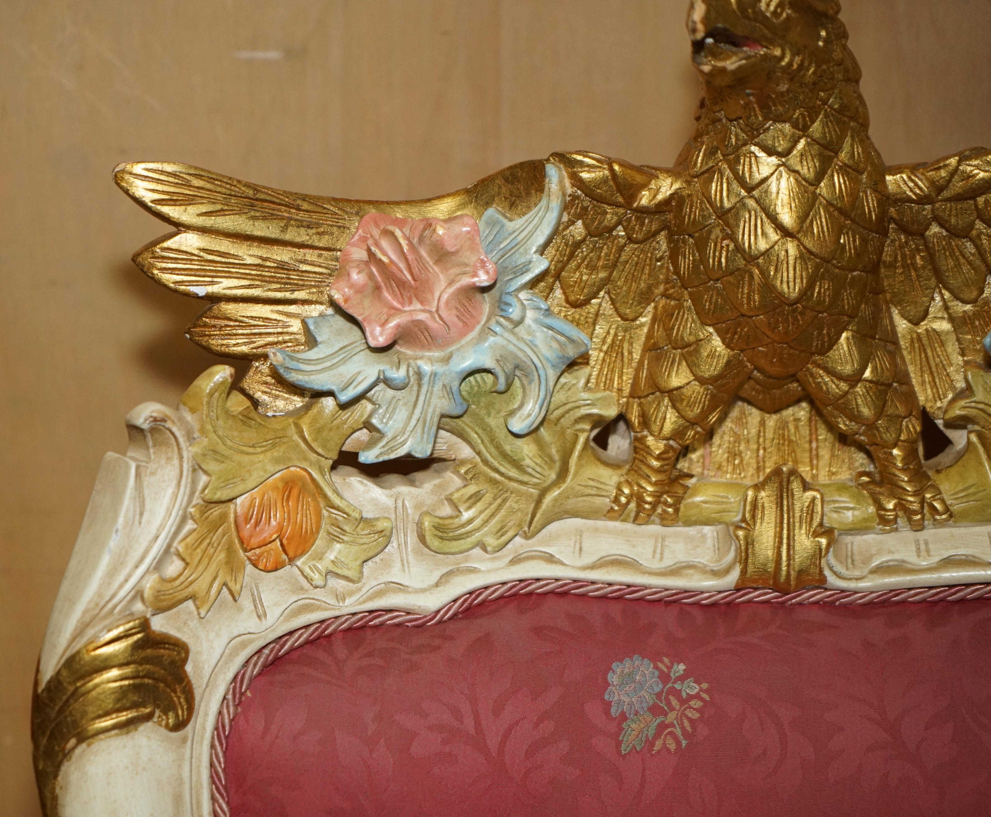 Upholstery HAND CARVED & PAINTED ViNTAGE FRENCH EMPIRE STYLE EAGLE SOFA AND ARMCHAIR SUITE For Sale