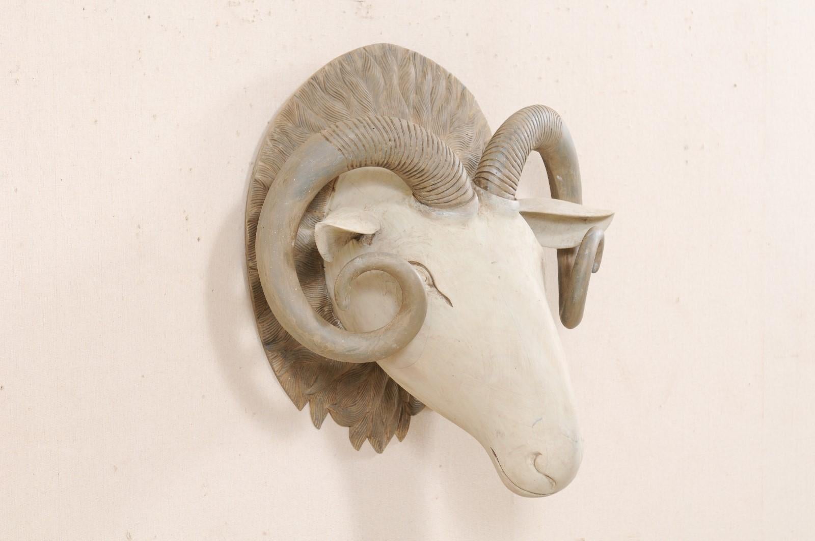 American Hand Carved and Painted Wood Ram's Head Wall Ornament