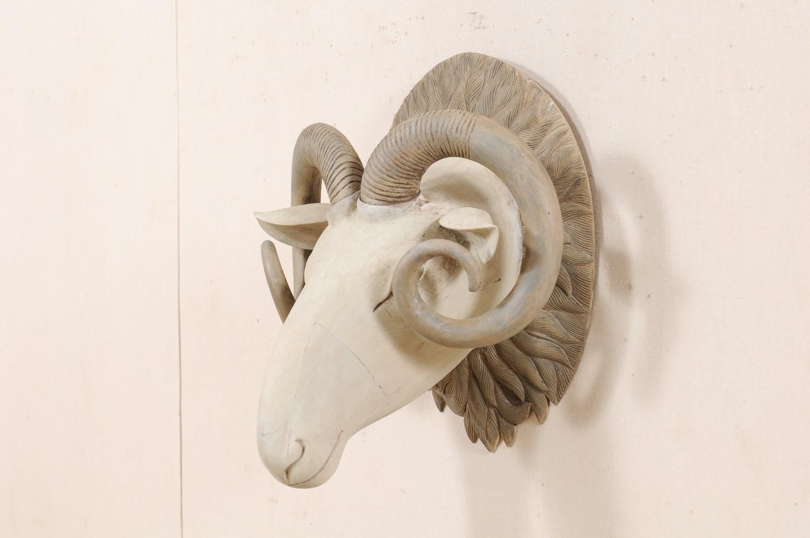 Hand-Carved Hand Carved and Painted Wood Ram's Head Wall Ornament