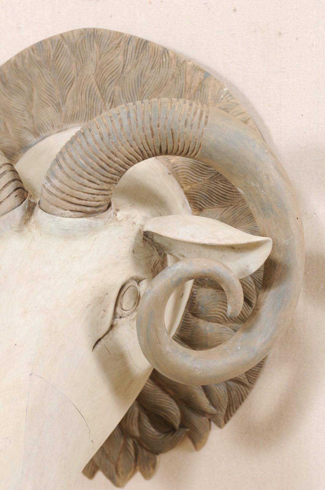 Contemporary Hand Carved and Painted Wood Ram's Head Wall Ornament