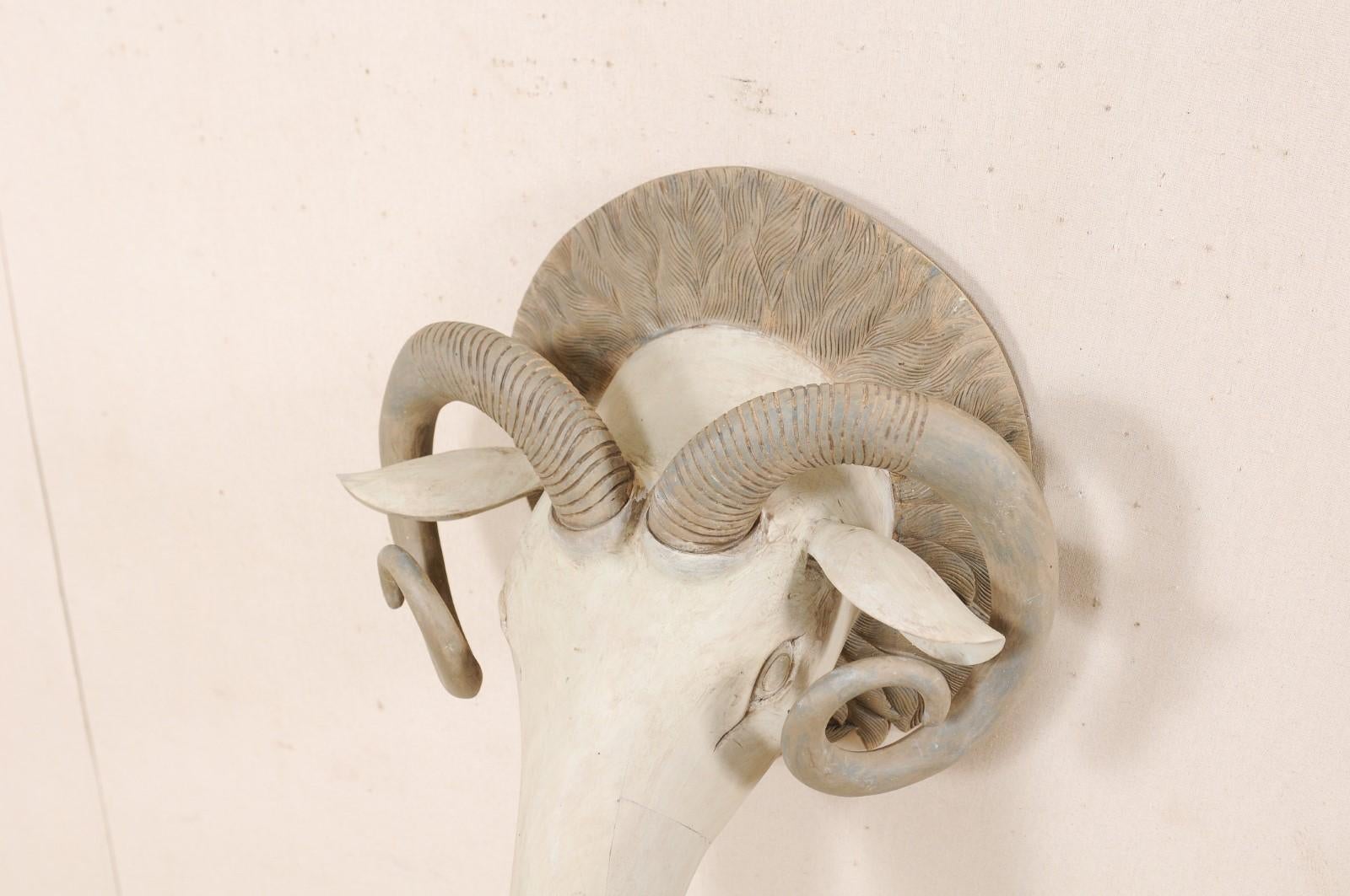 Hand Carved and Painted Wood Ram's Head Wall Ornament 1