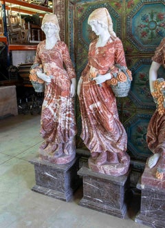 Hand-Carved Pair of Allegorical Marble Sculptures with Base