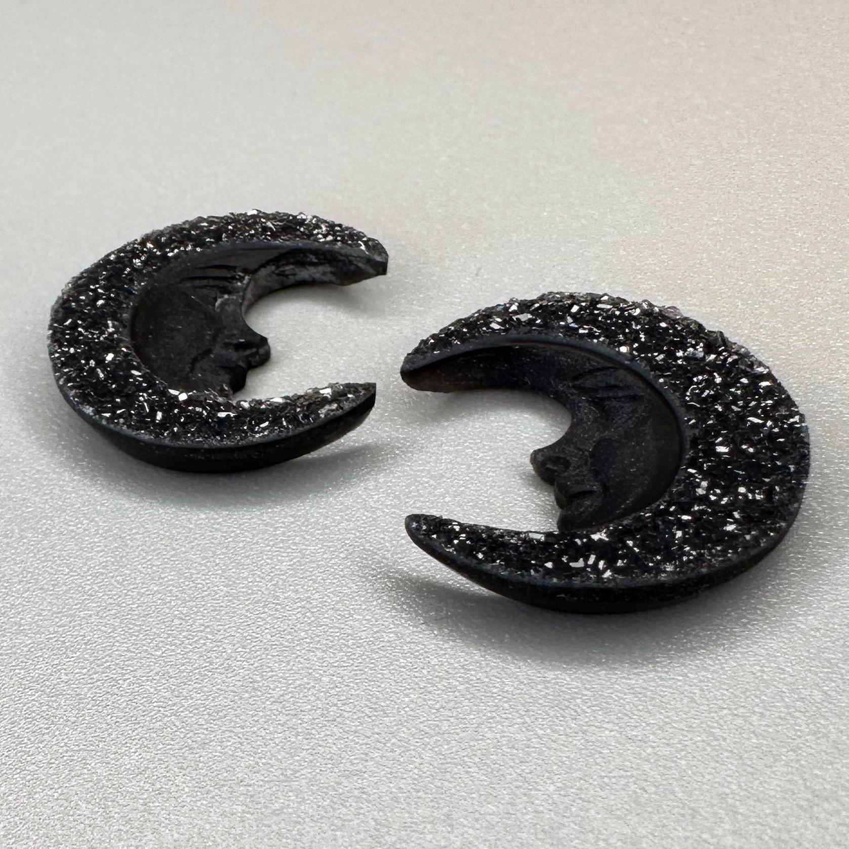 Hand carved pair of black druzy agate moon faces by Idar Oberstein masters. In New Condition For Sale In Seattle, WA