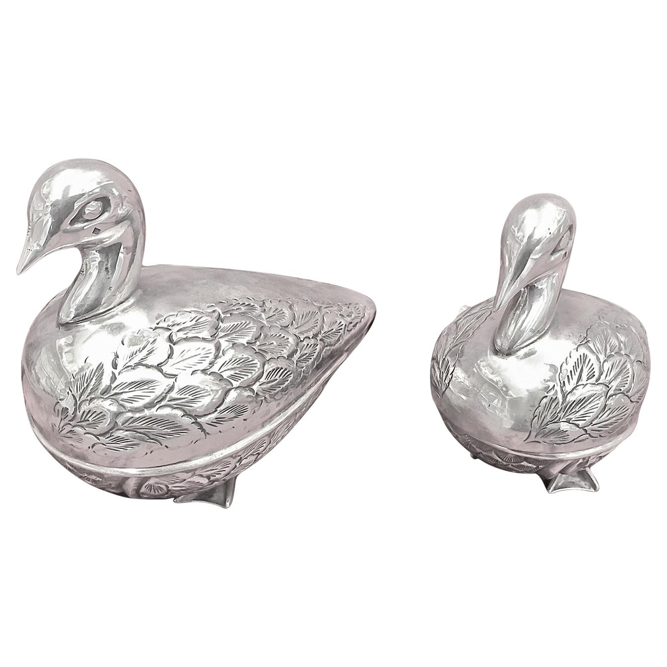 ONE PAIR OF STERLING SILVER  FIGURINES DUCK, Hand Made For Sale
