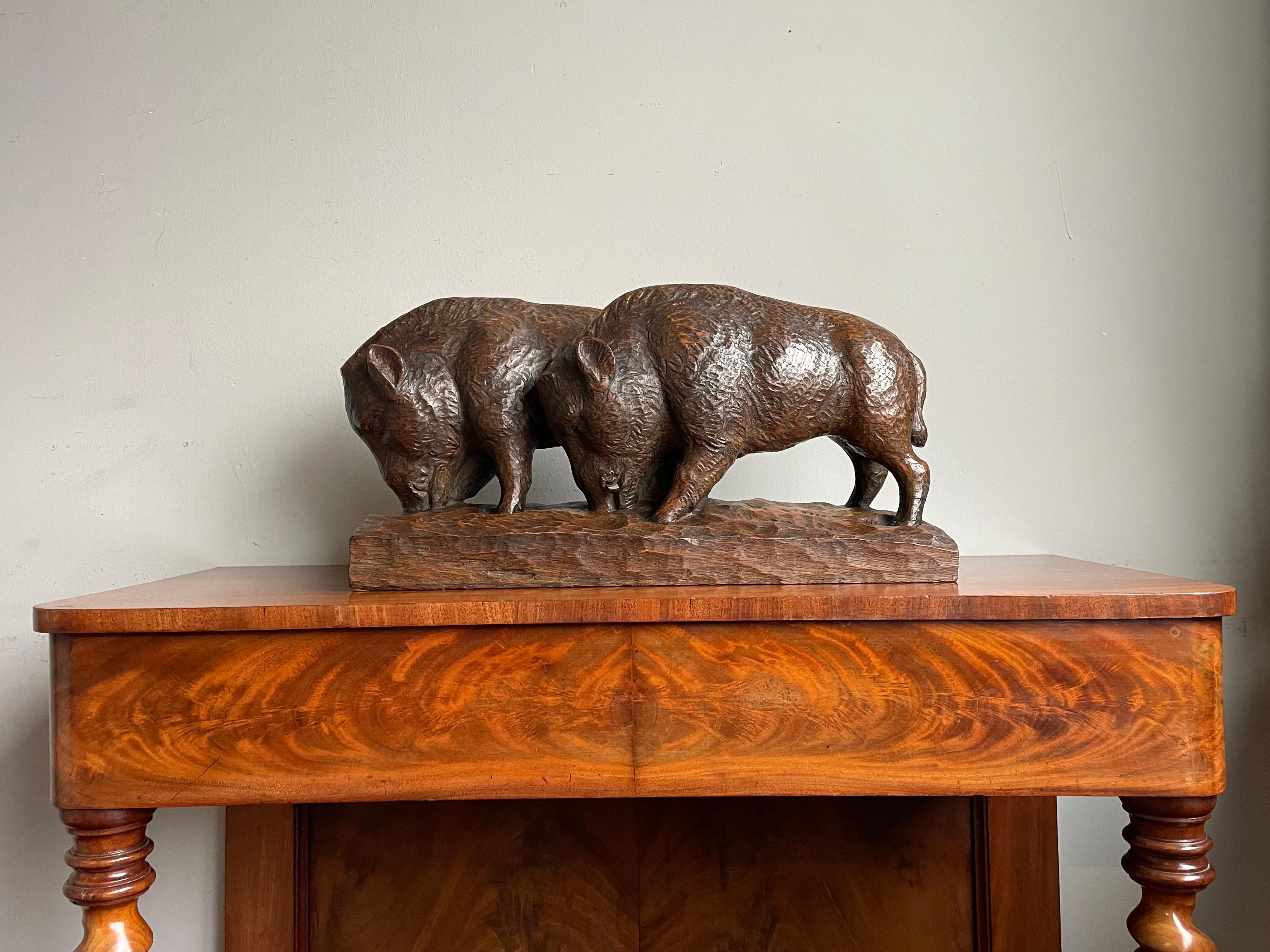 Hand Carved Pair of Foraging Wild Boar / Hogs Sculpture Oak w. Sculptor ...