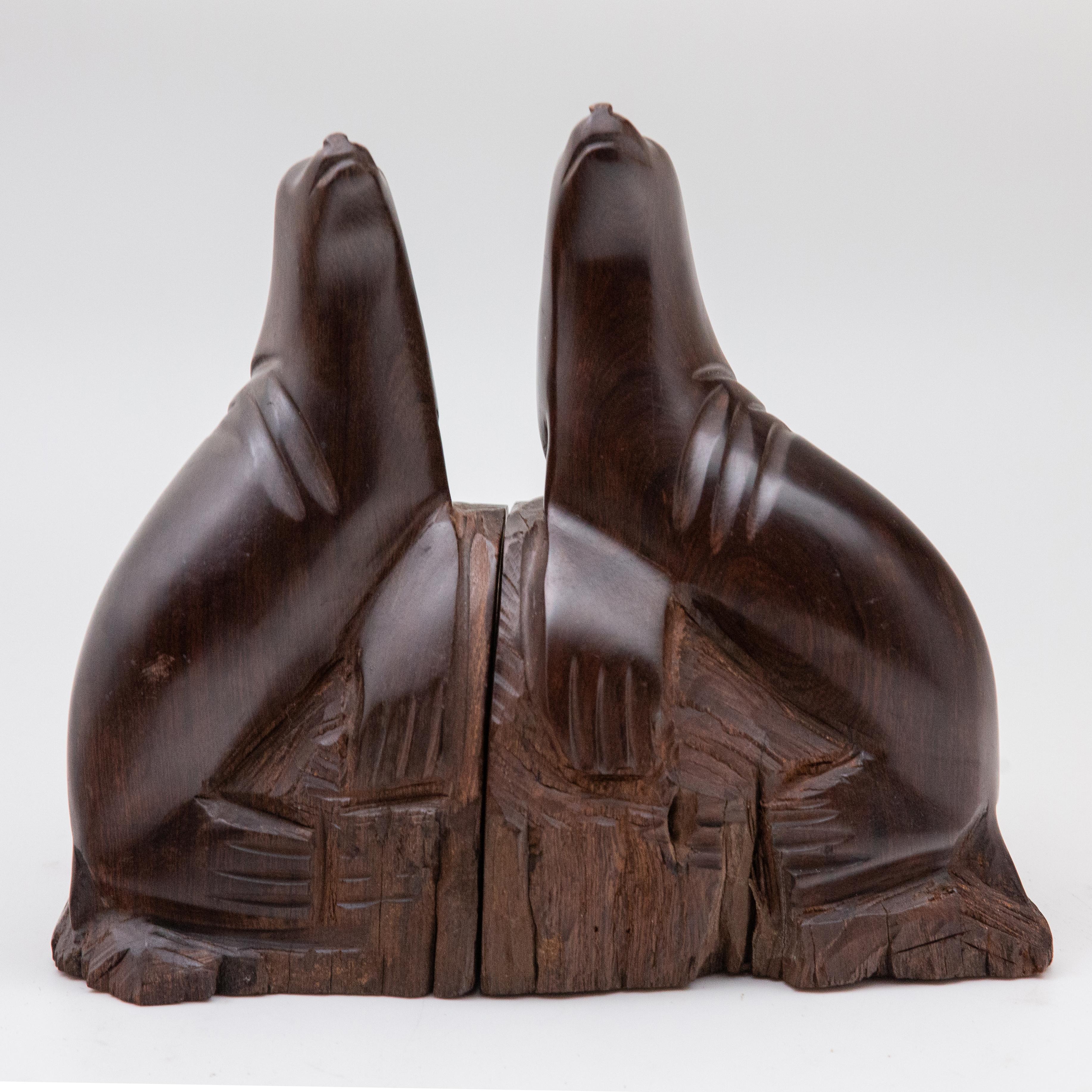 20th Century Hand-Carved Pair of Ironwood Sea Lion Bookends