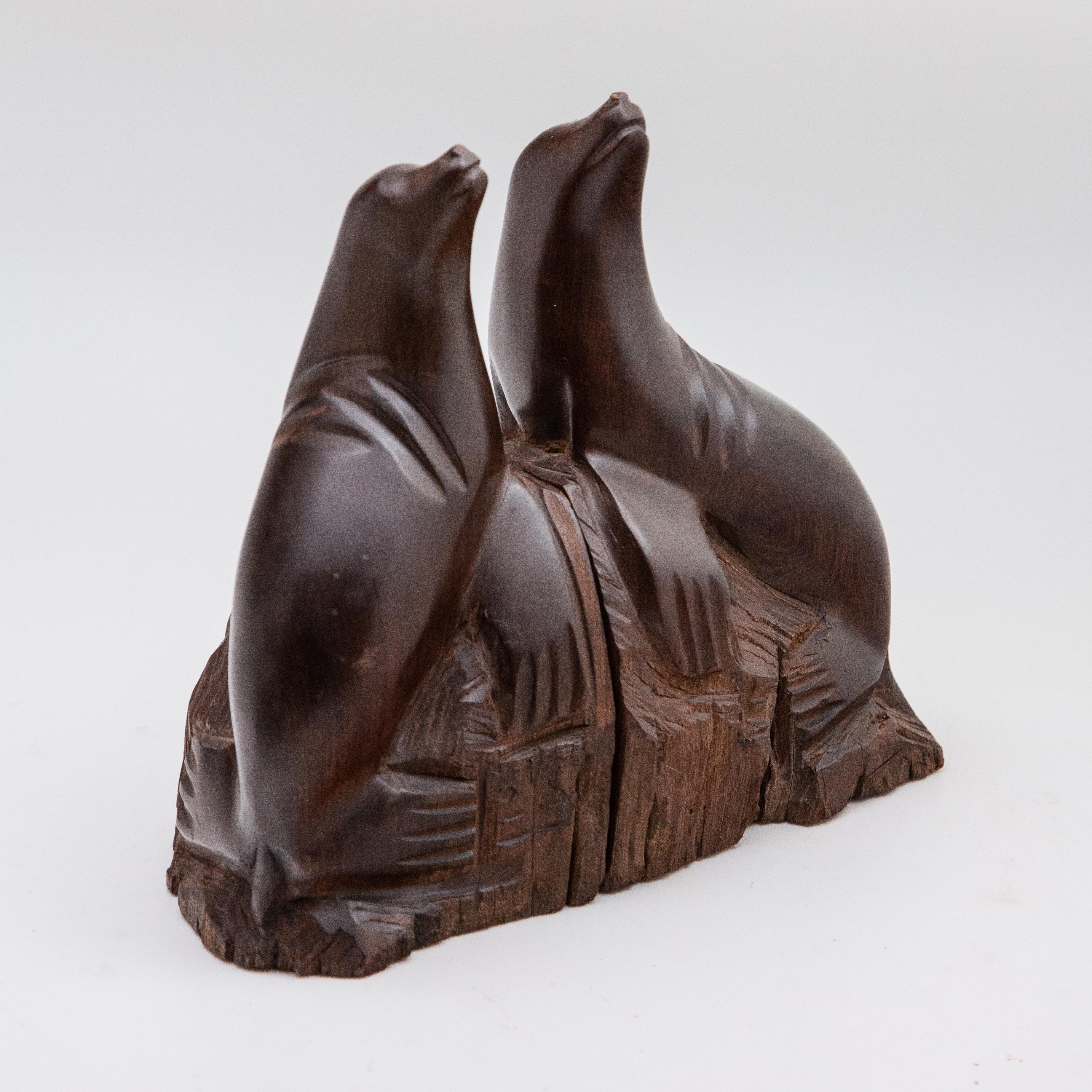 Hardwood Hand-Carved Pair of Ironwood Sea Lion Bookends