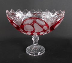 Hand-Carved Pair of Oval Crystal Vases with Red Decoration