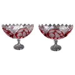 Hand-Carved Pair of Oval Crystal Vases with Red Decoration