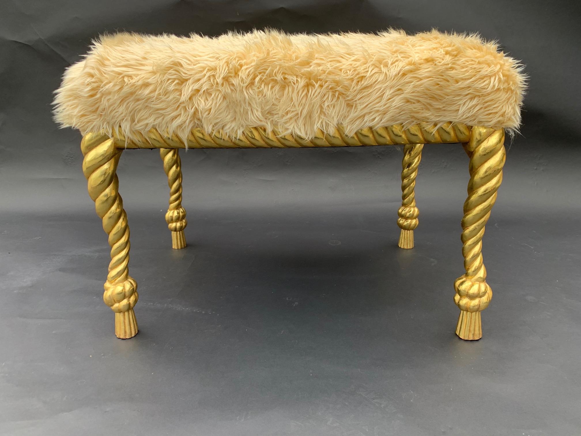 Hand carved wood and gilt pair of stools, 22-karat gold leaf, newly upholstery, 1950s, Italy.