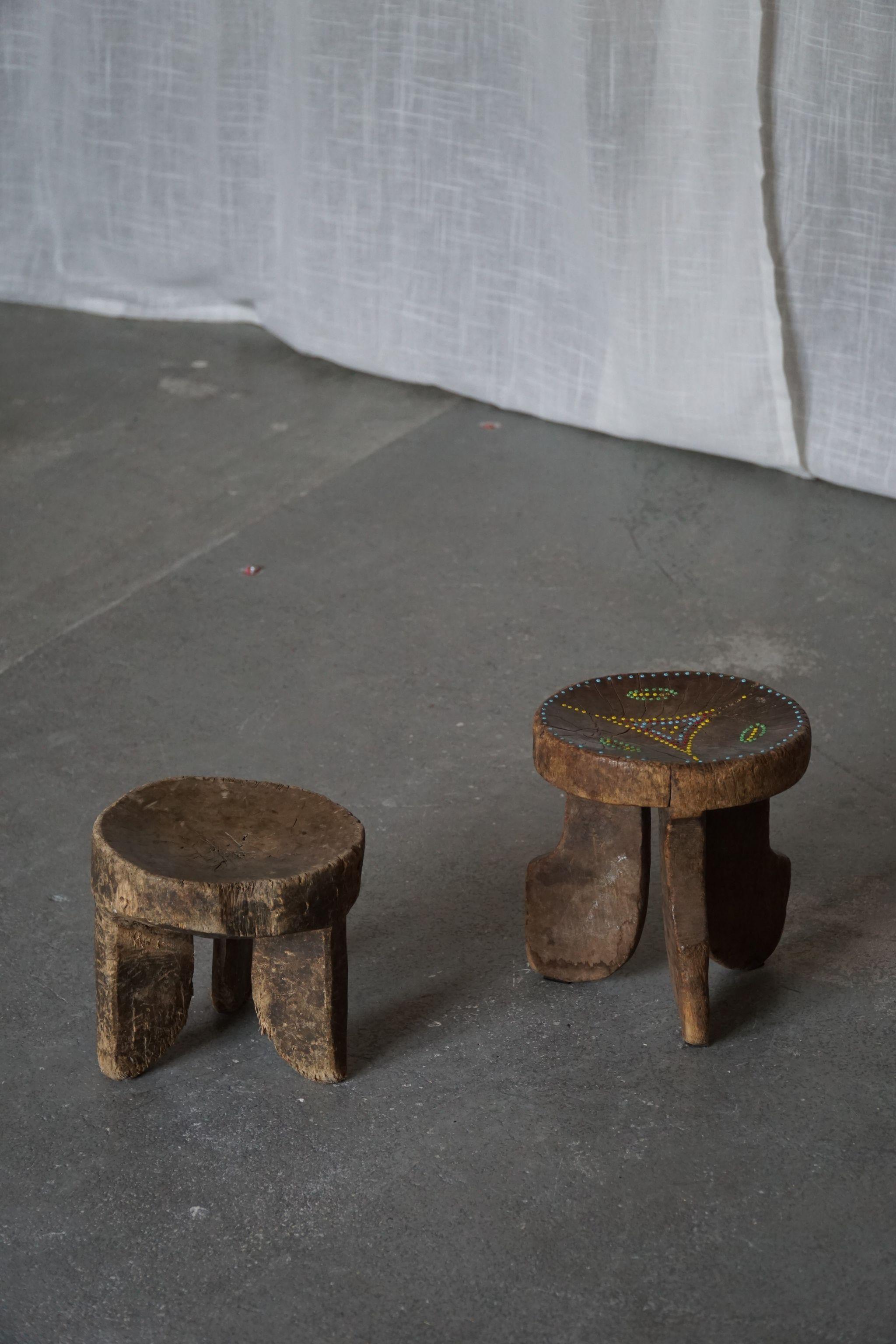 Hand Carved Pair of Wooden Kamba Stools, Kenya, Wabi Sabi, Mid-20th Century In Good Condition In Odense, DK