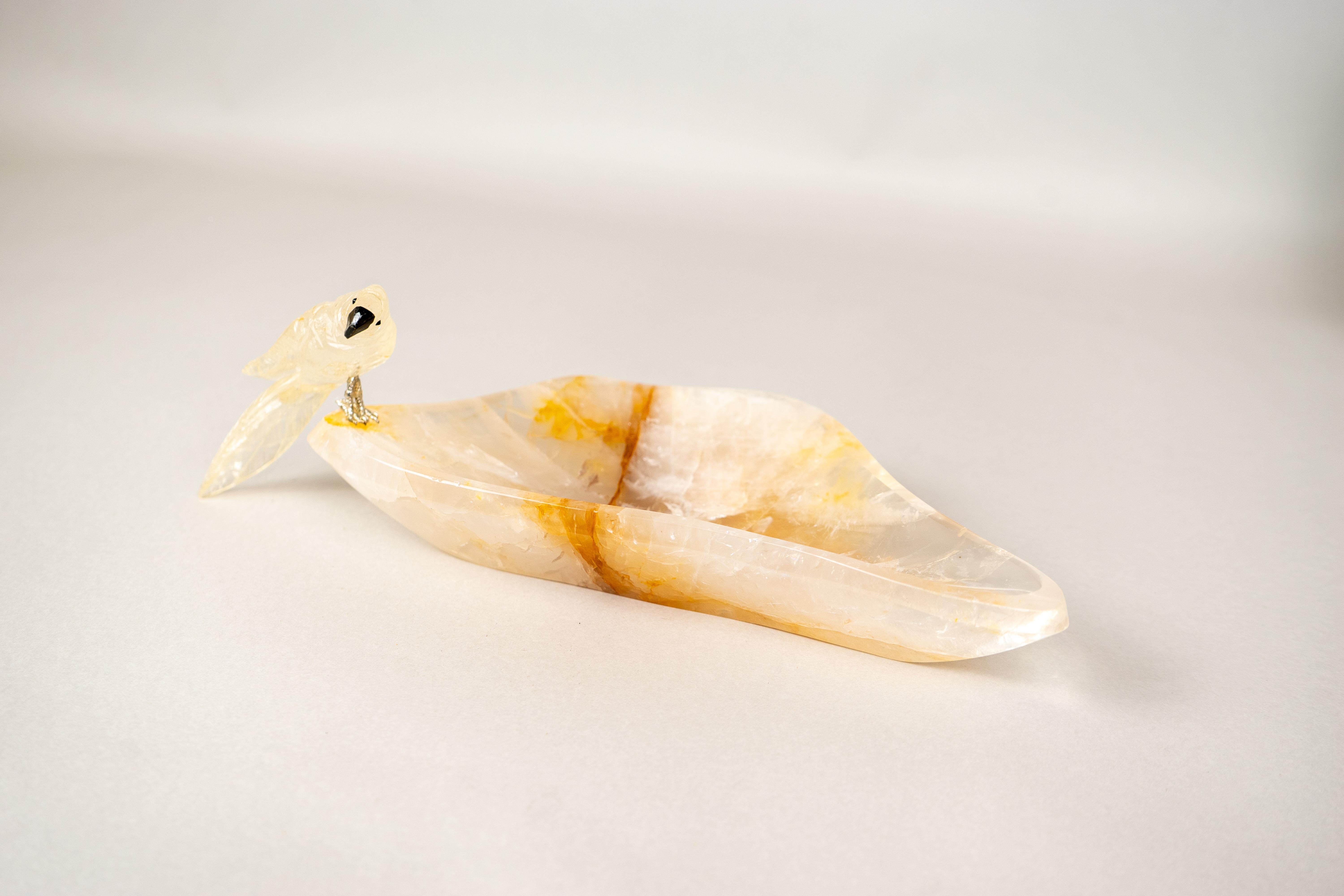Hand-Carved Parrot Crystal on a Hematite Golden Healer Crystal Bowl For Sale 5