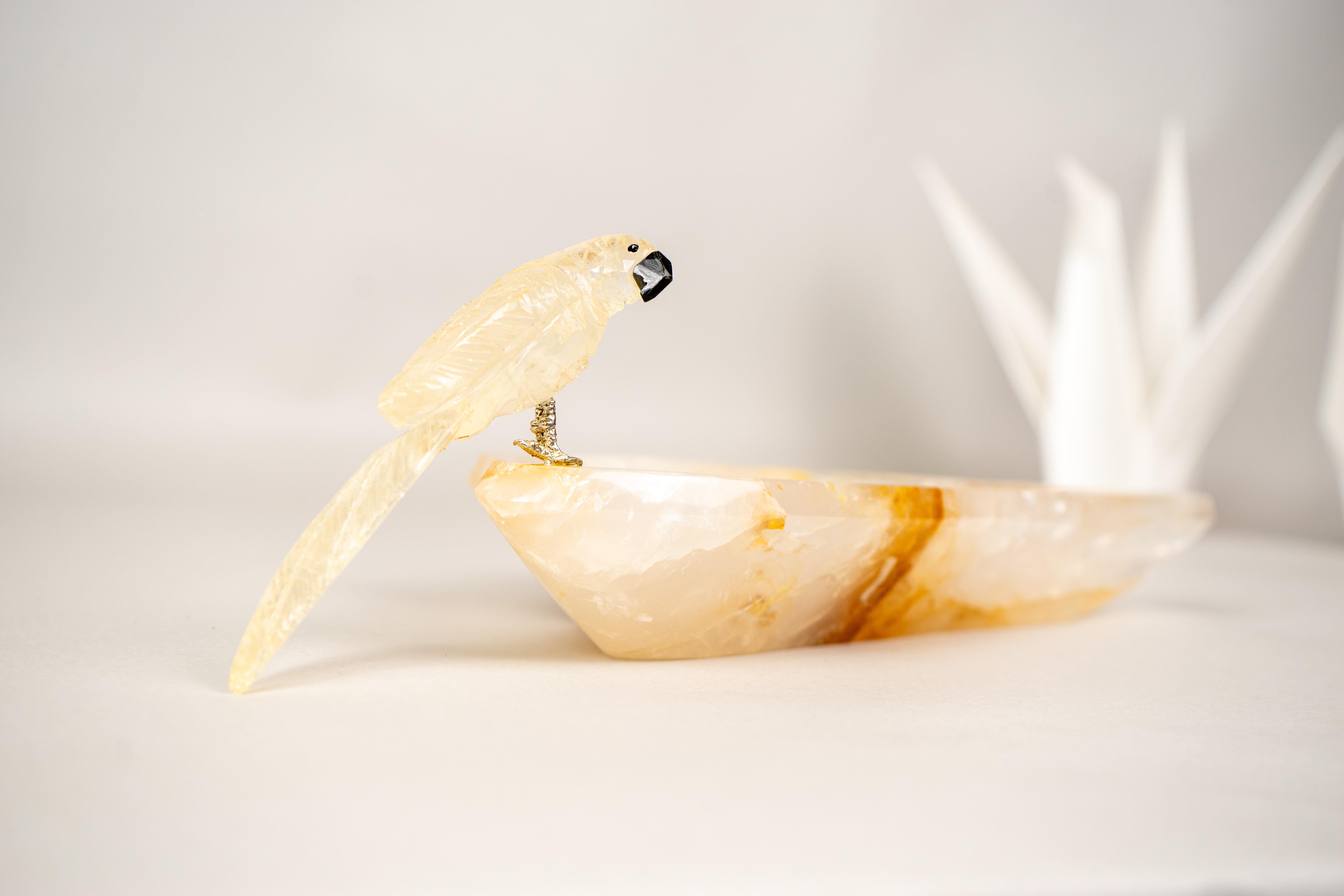 Hand-Carved Parrot Crystal on a Hematite Golden Healer Crystal Bowl For Sale 6
