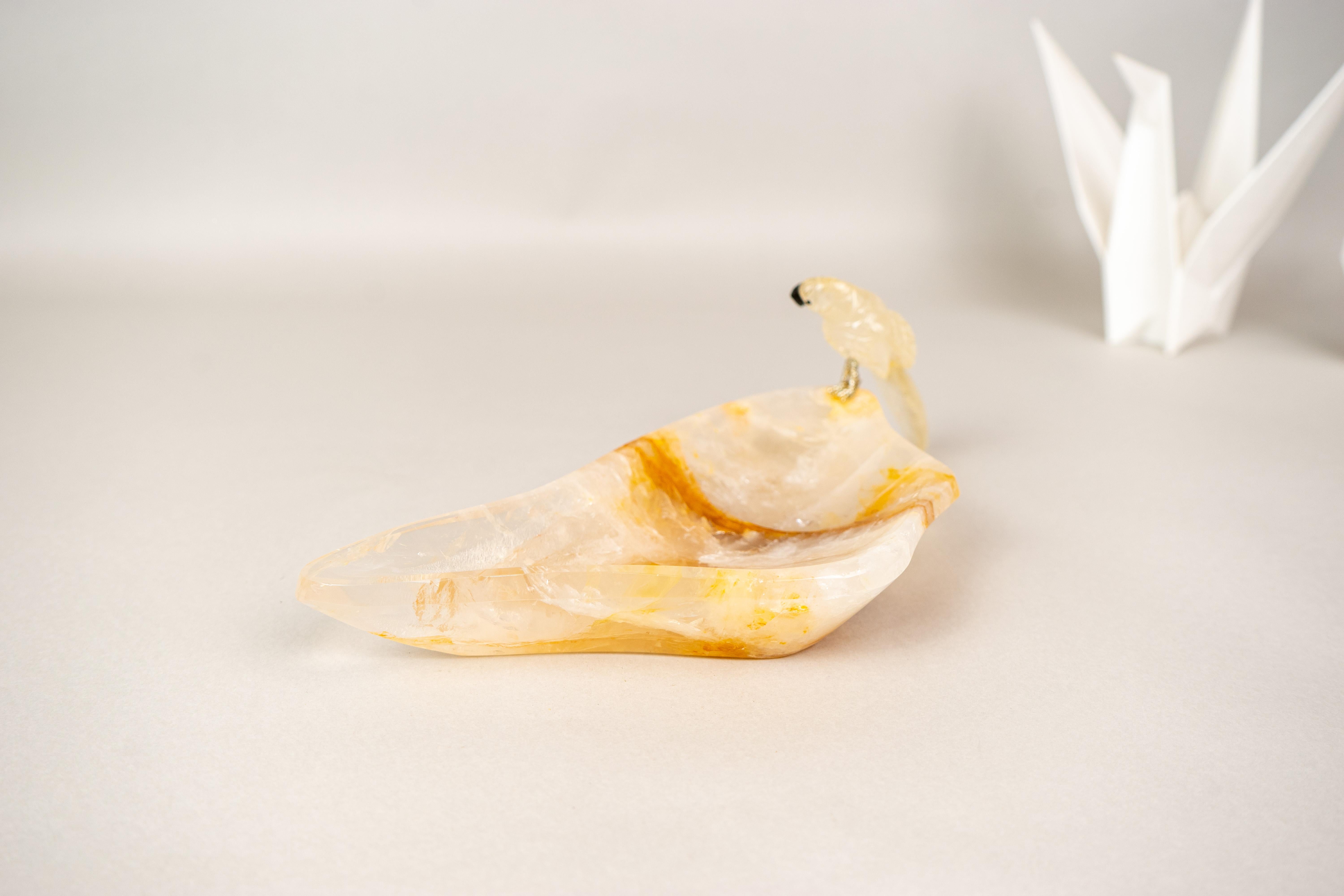 Contemporary Hand-Carved Parrot Crystal on a Hematite Golden Healer Crystal Bowl For Sale