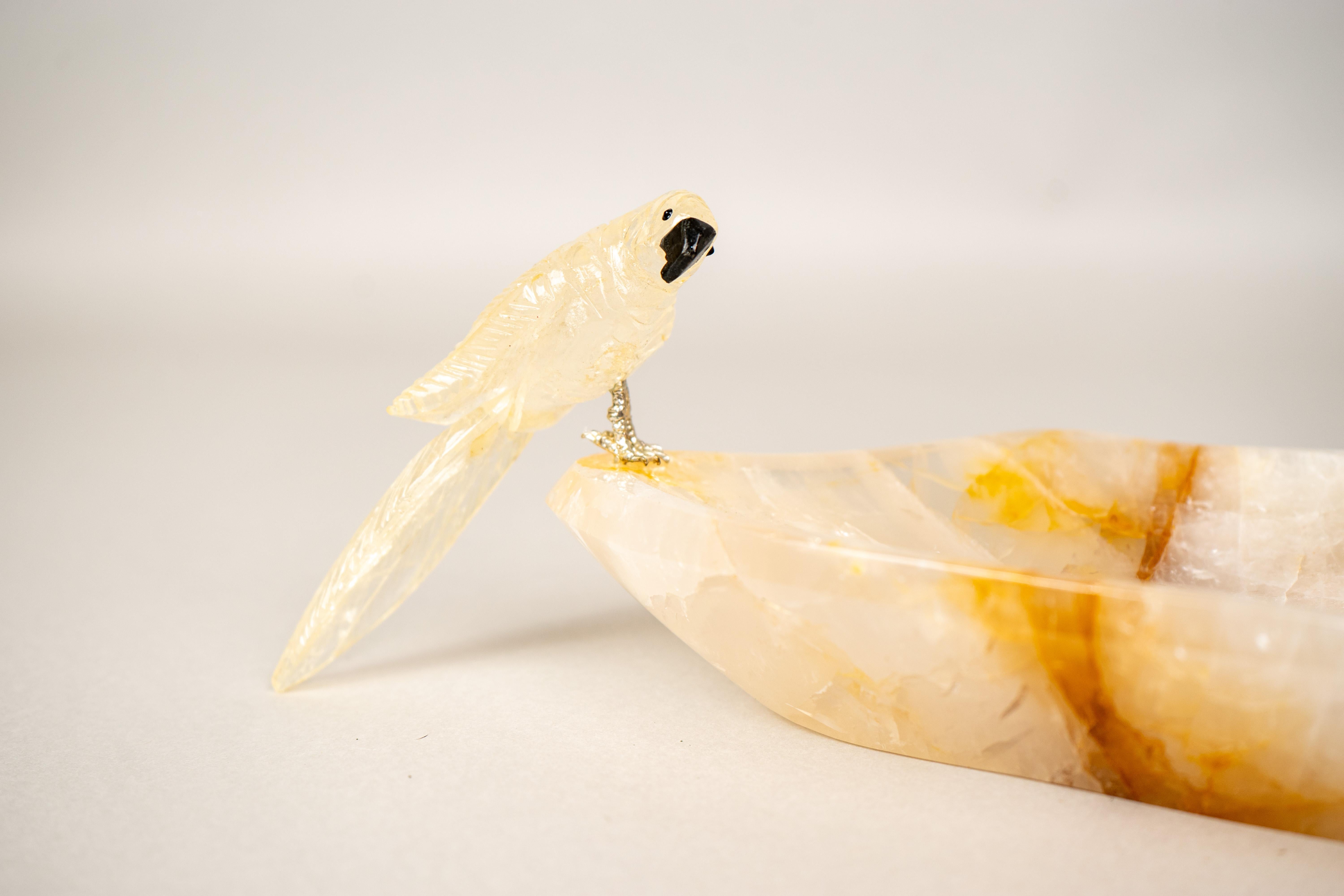 Hand-Carved Parrot Crystal on a Hematite Golden Healer Crystal Bowl For Sale 1