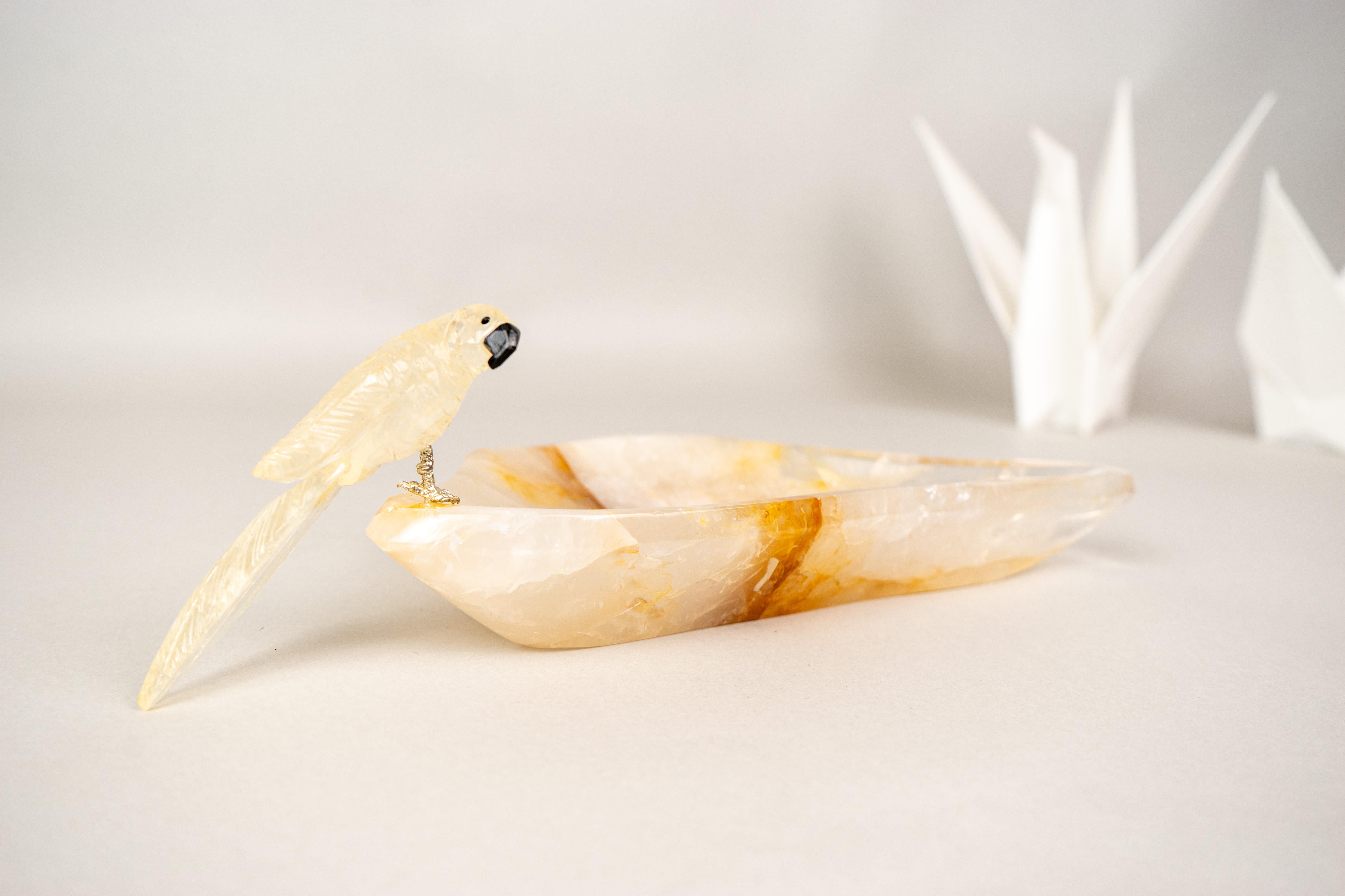 Hand-Carved Parrot Crystal on a Hematite Golden Healer Crystal Bowl For Sale 3
