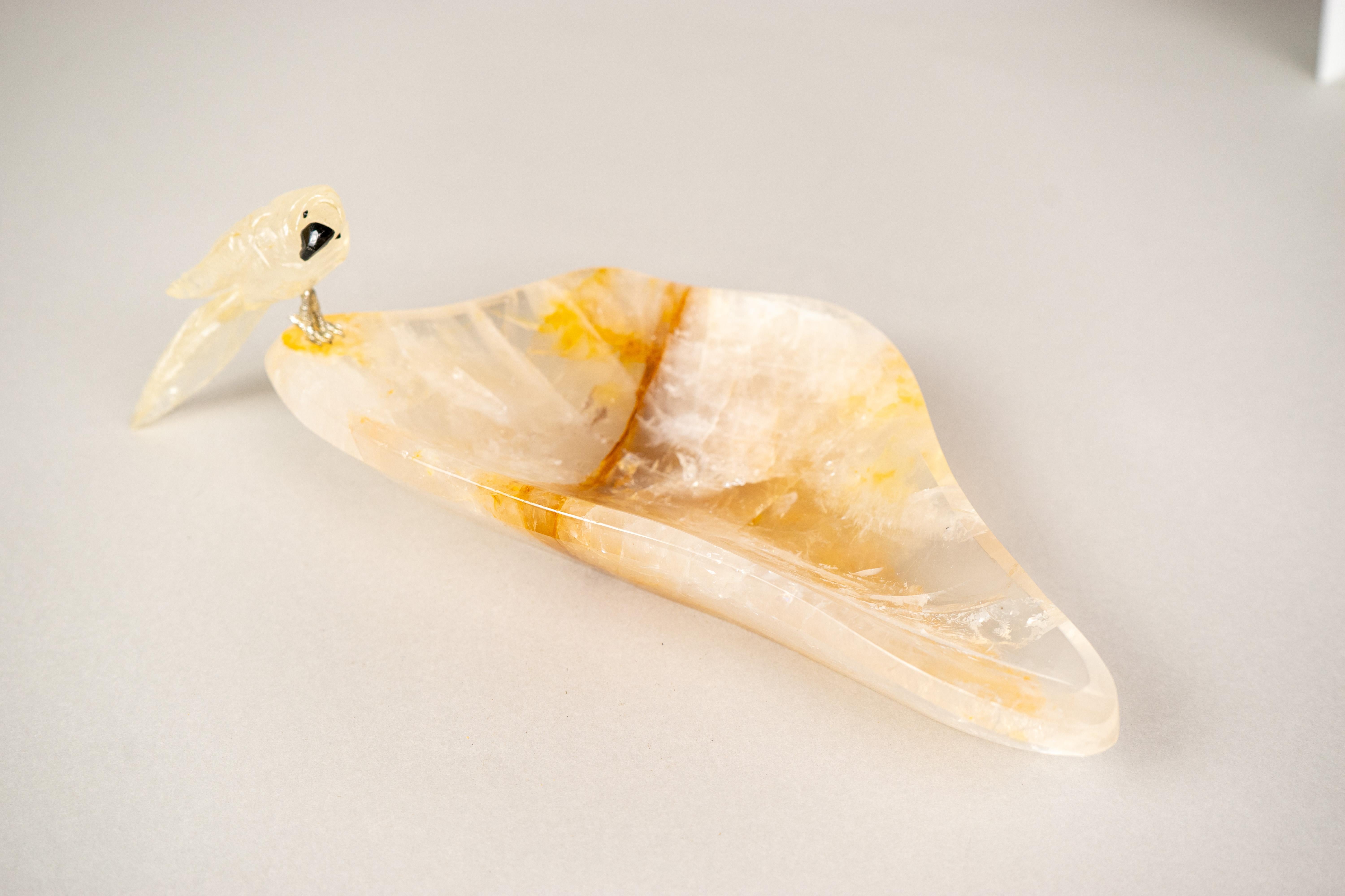 Hand-Carved Parrot Crystal on a Hematite Golden Healer Crystal Bowl For Sale 4