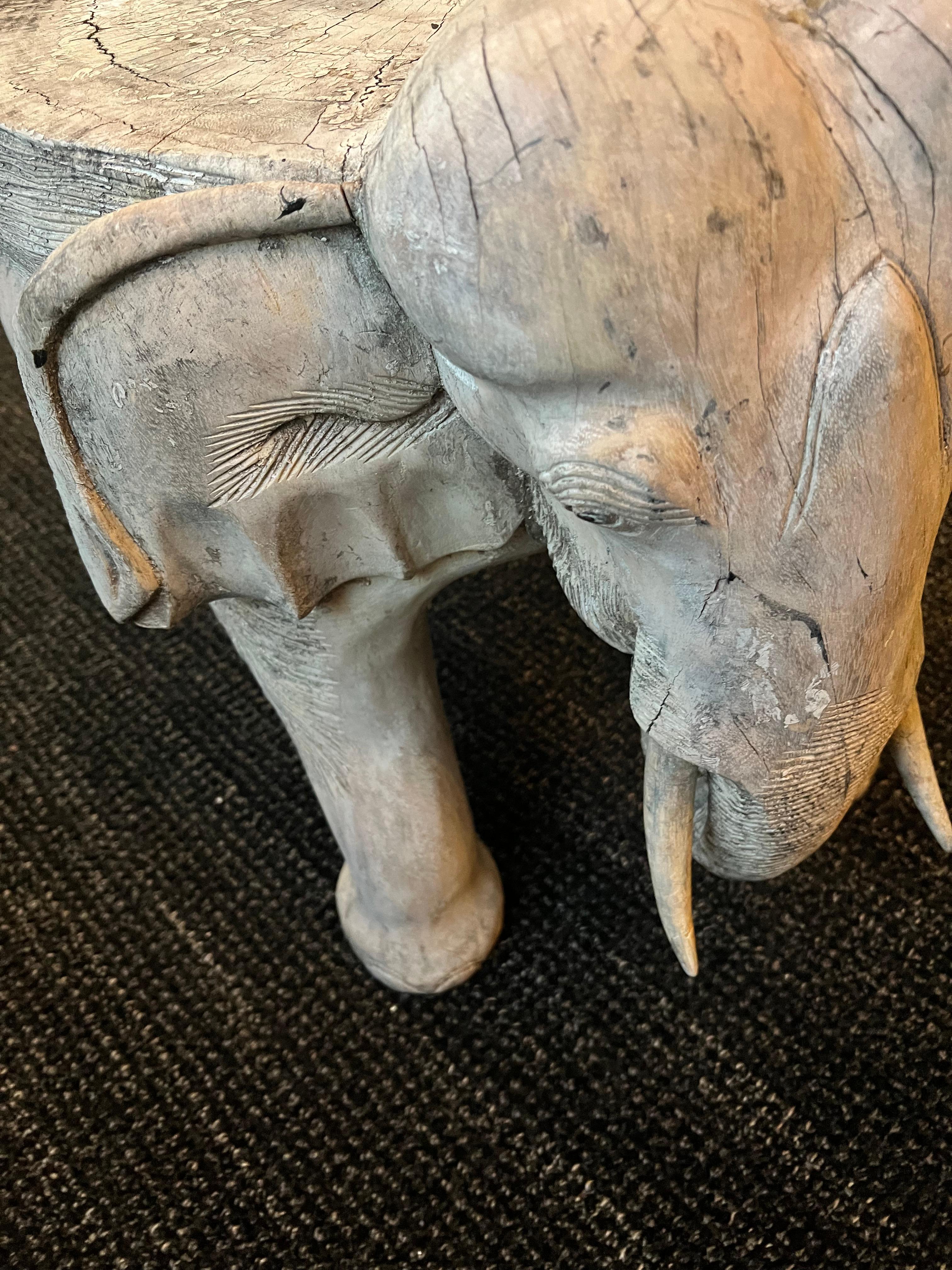 Hand Carved Patinated Wooden Elephant Side or Occasional Table For Sale 2