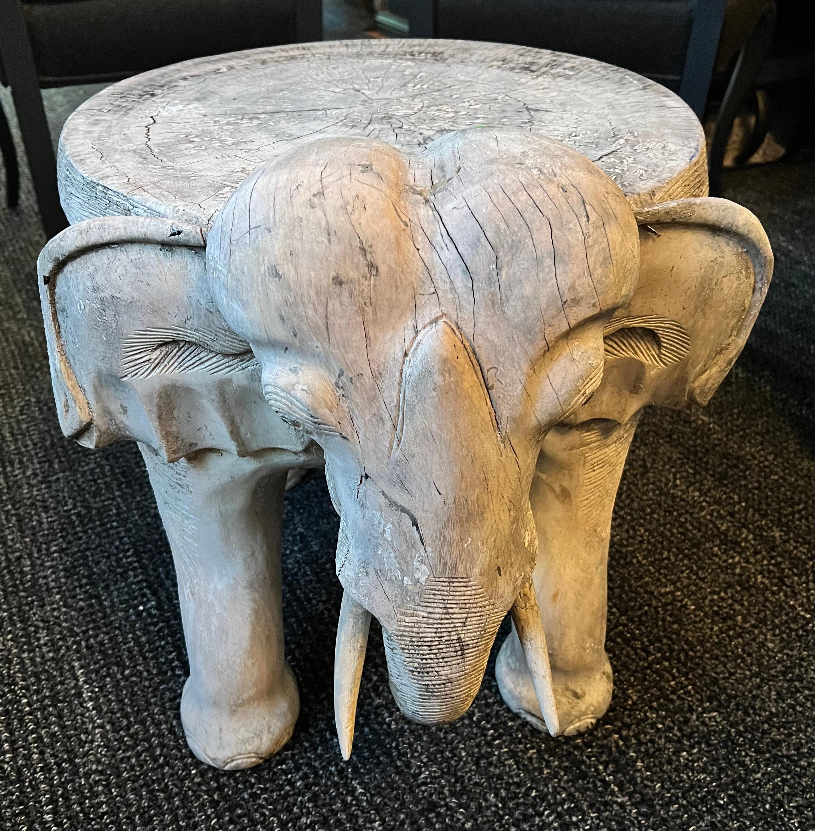 Hand Carved Patinated Wooden Elephant Side or Occasional Table For Sale 4