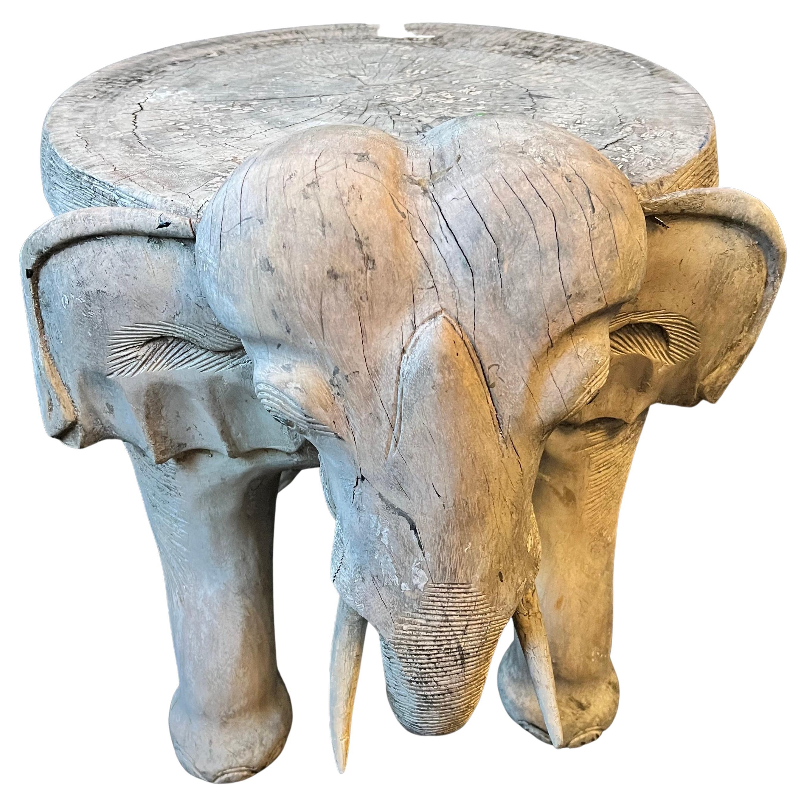 Hand-Carved Hand Carved Patinated Wooden Elephant Side or Occasional Table For Sale