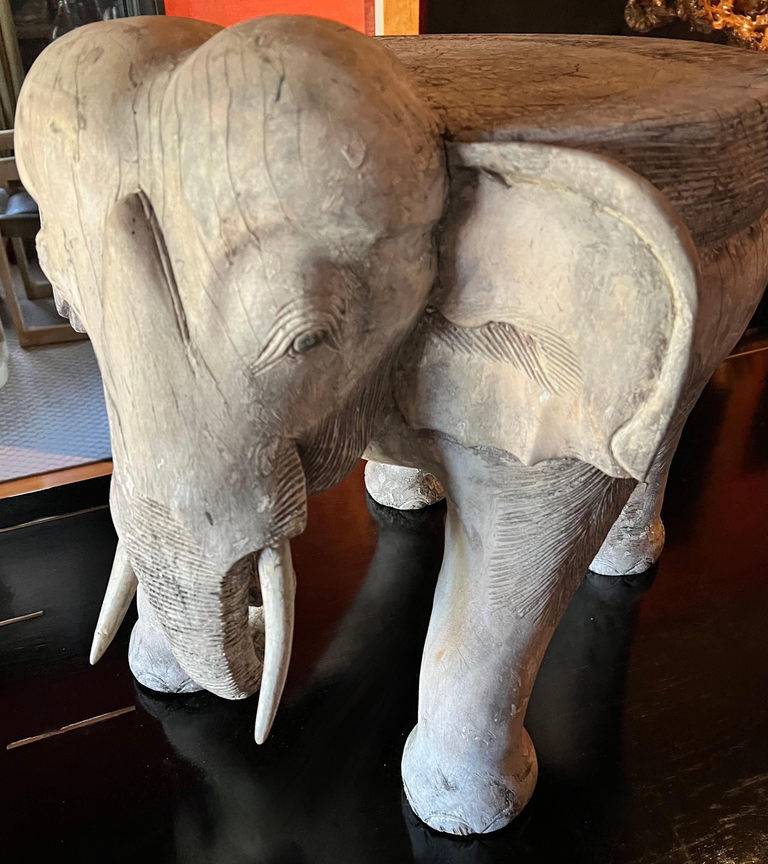 20th Century Hand Carved Patinated Wooden Elephant Side or Occasional Table For Sale