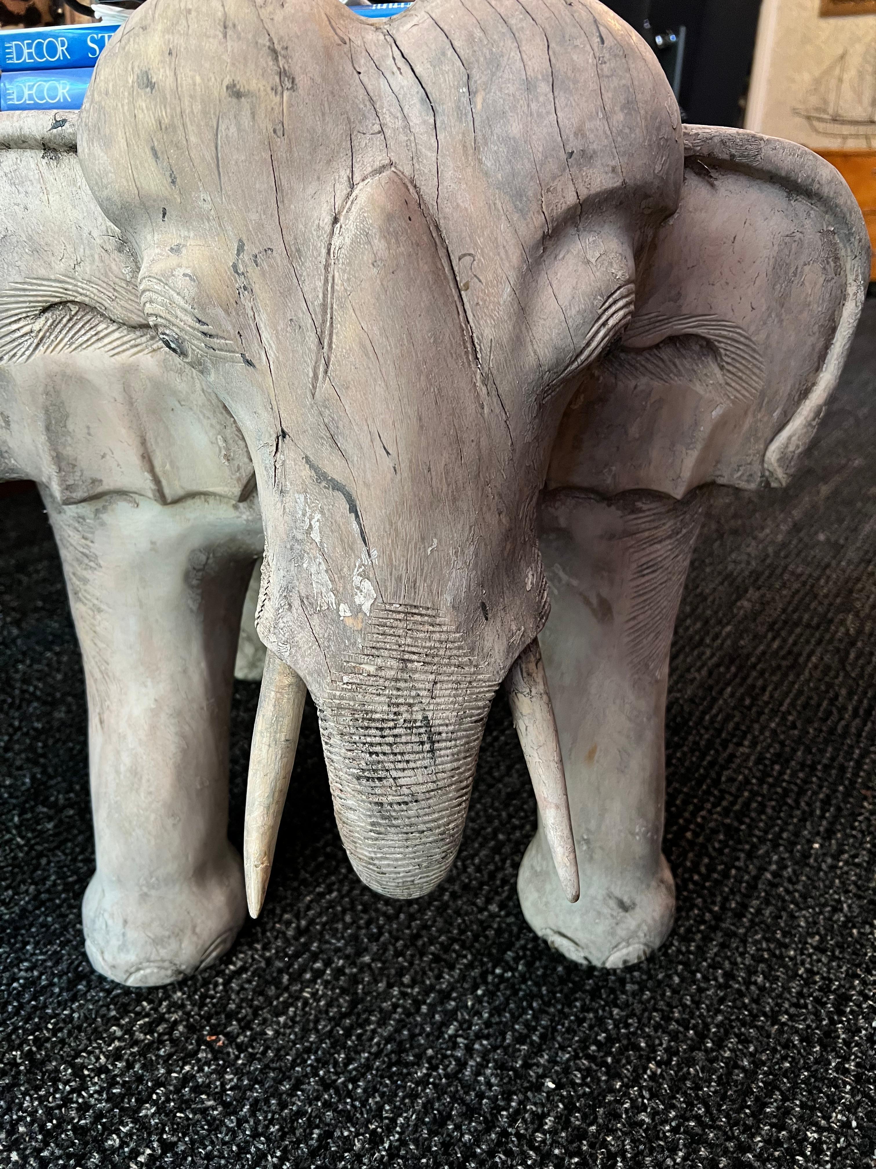 Hand Carved Patinated Wooden Elephant Side or Occasional Table In Good Condition For Sale In Los Angeles, CA