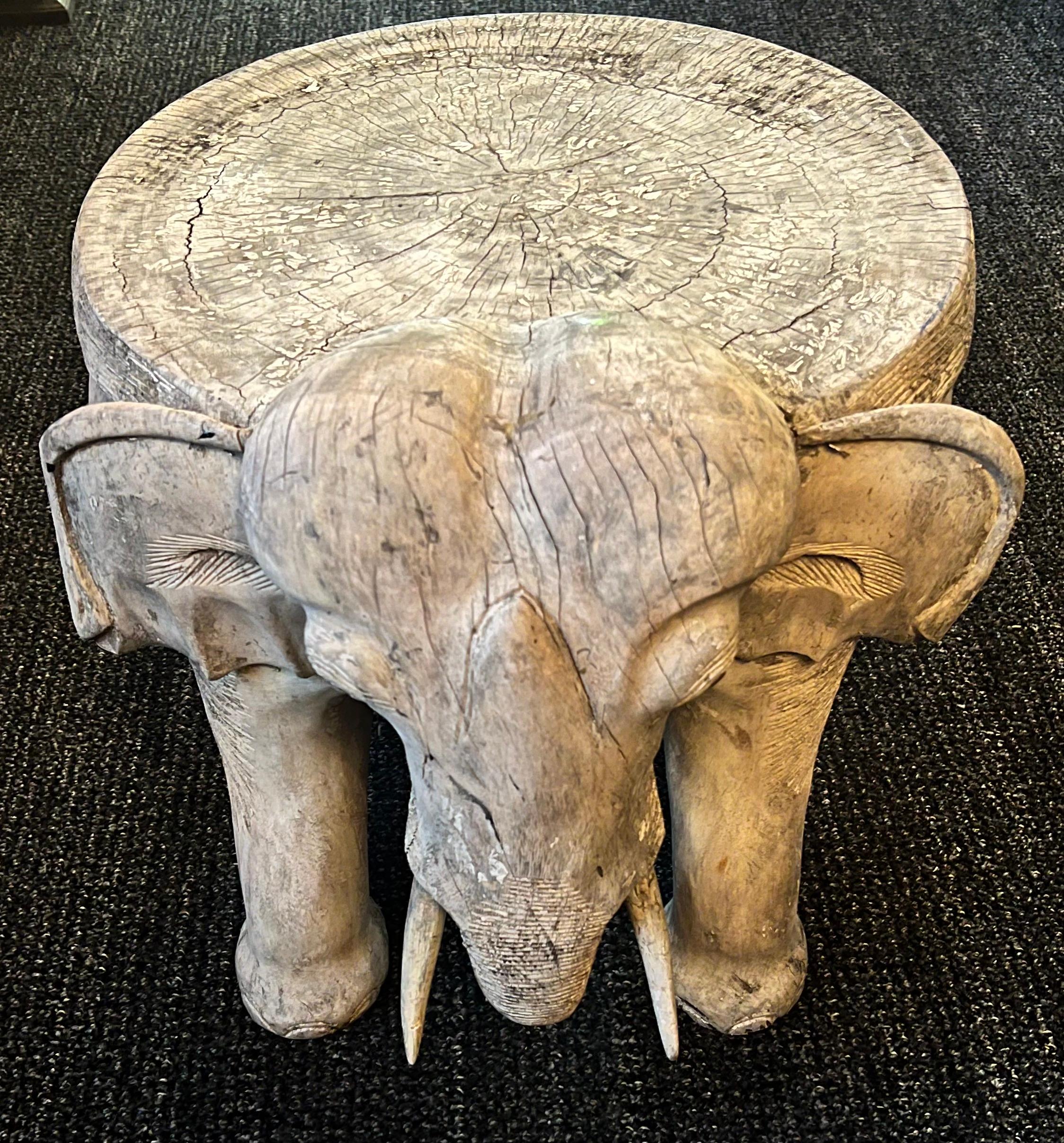 Hand Carved Patinated Wooden Elephant Side or Occasional Table For Sale 1