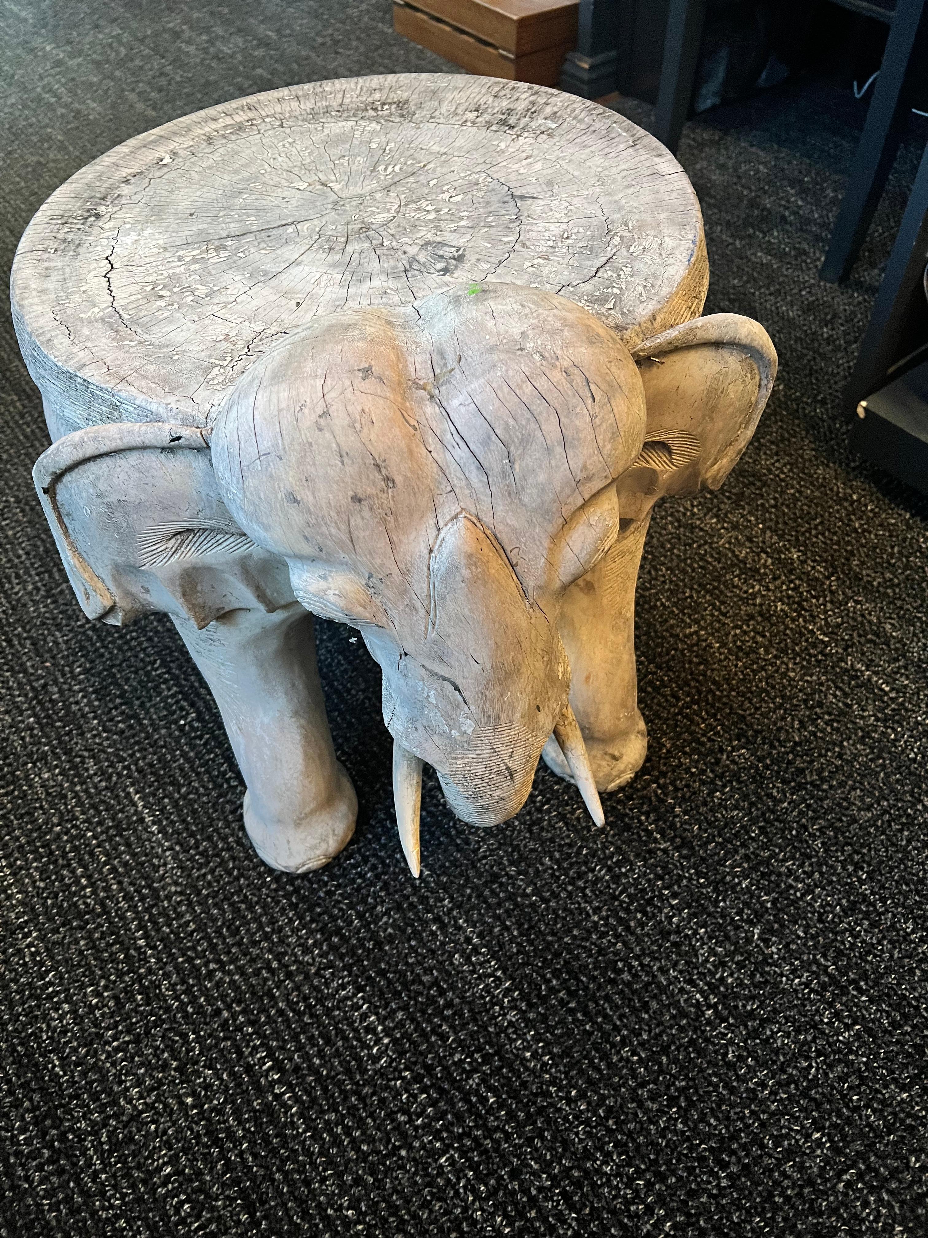 Hand Carved Patinated Wooden Elephant Side or Occasional Table For Sale 2