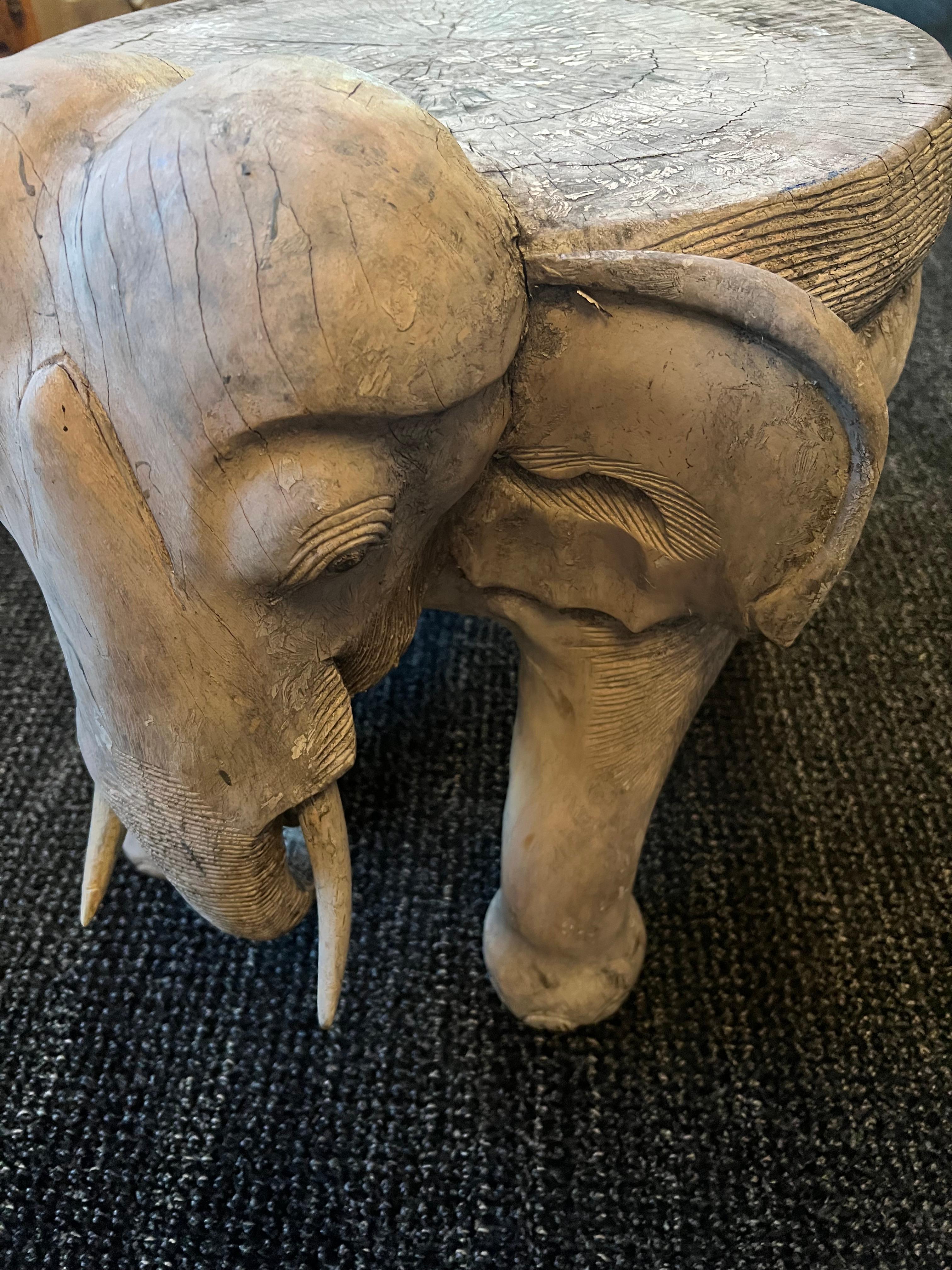 Hand Carved Patinated Wooden Elephant Side or Occasional Table For Sale 1
