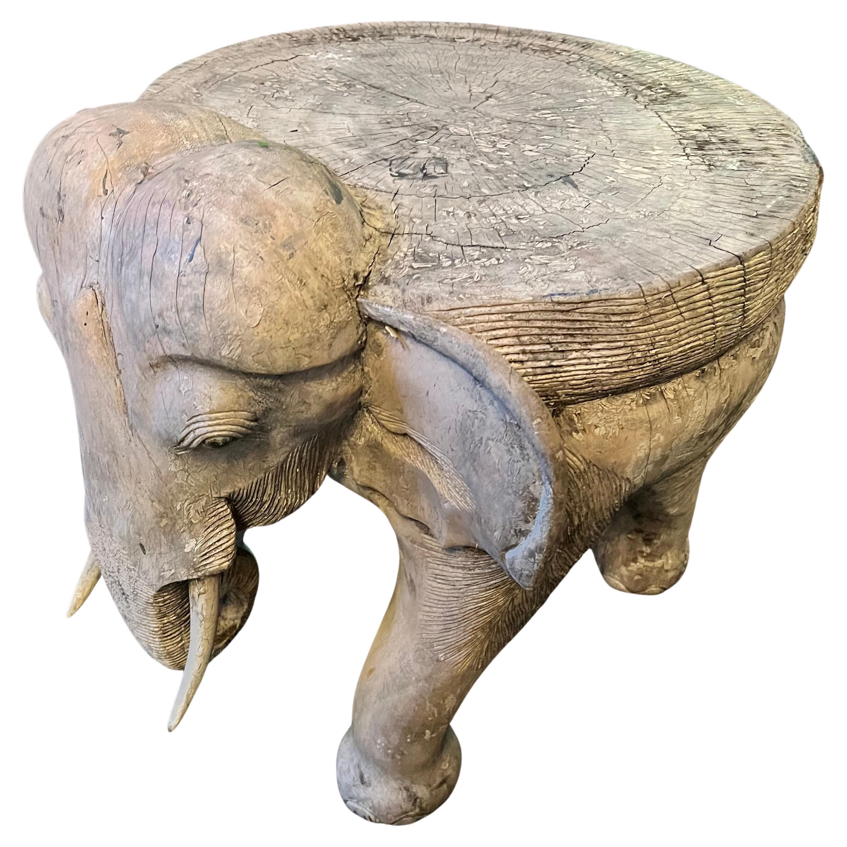 Hand Carved Patinated Wooden Elephant Side or Occasional Table