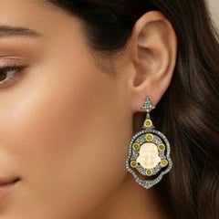 Hand-Carved Pave Diamonds Coral Buddha Drop Earrings In 18k Yellow Gold & Silver