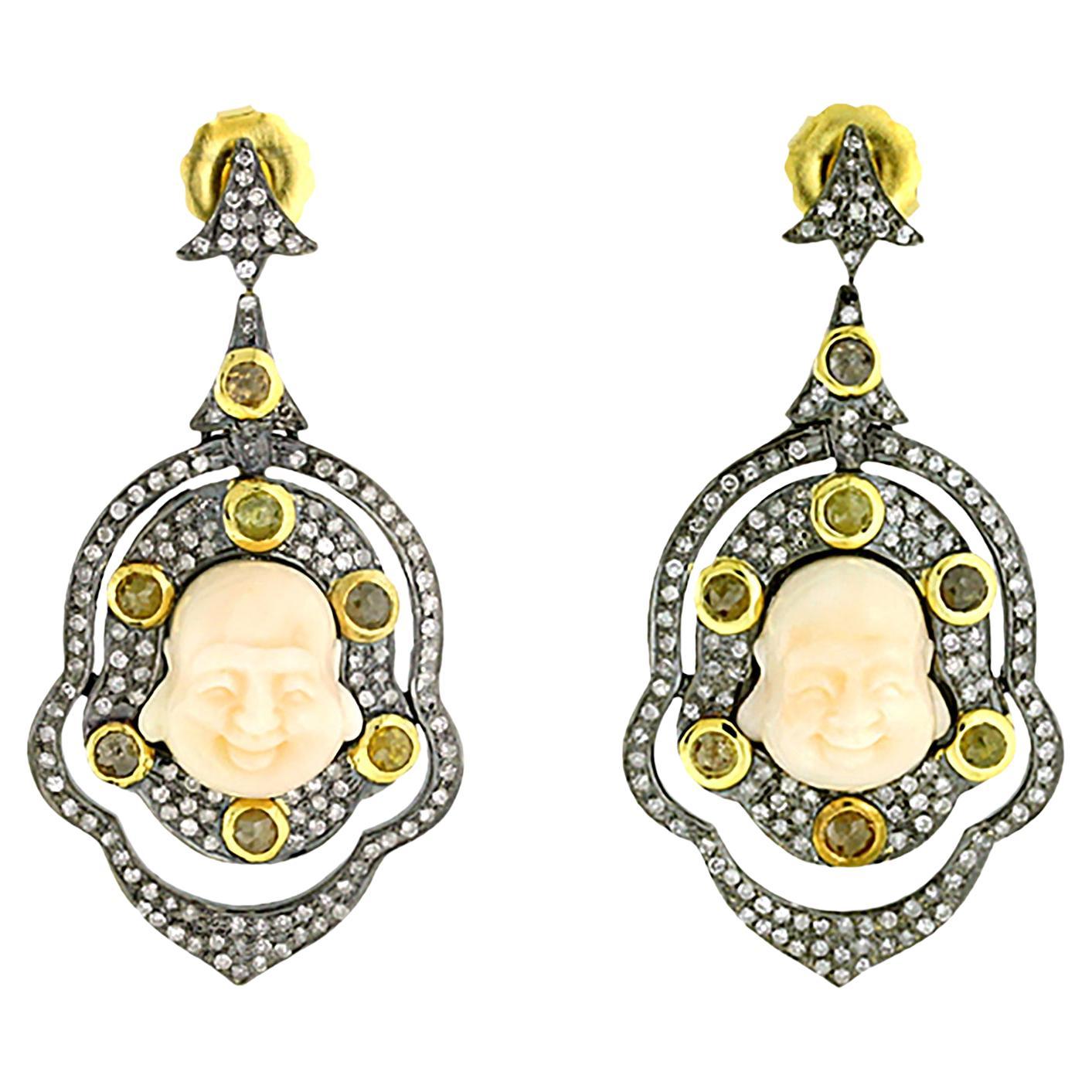 Hand-Carved Pave Diamonds Coral Buddha Drop Earrings In 18k Yellow Gold & Silver For Sale