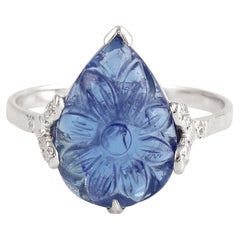 Hand-Carved Pear-Shaped Carved Tanzanite Floral Ring in 18KT White Gold