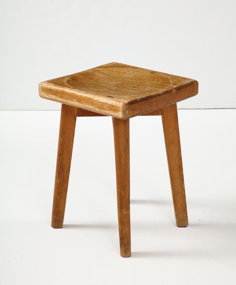 French Hand Carved Pine Stool by Christian Durupt, France For Sale