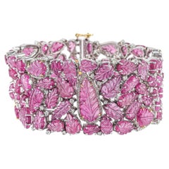 Hand Carved Pink Tourmaline Bracelet Set With Diamonds 82 Carats Total