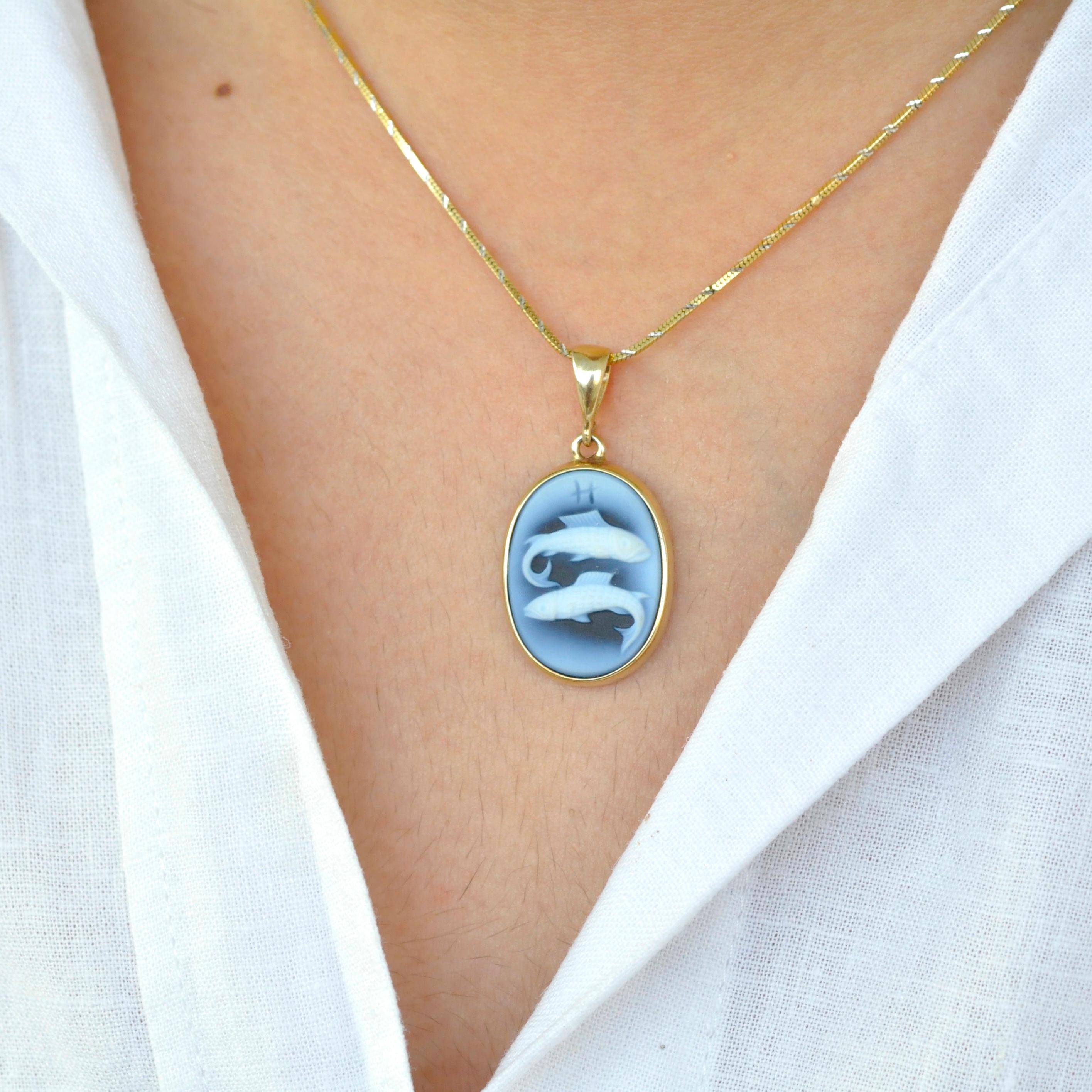 Here's our pisces zodiac carving cameo pendant necklace from the zodiac collection. The cameo is made in Germany by an expert cameo engraver on the relief of 100% natural agate rock from Brazil (a variety of chalcedony). The pendant is set in our