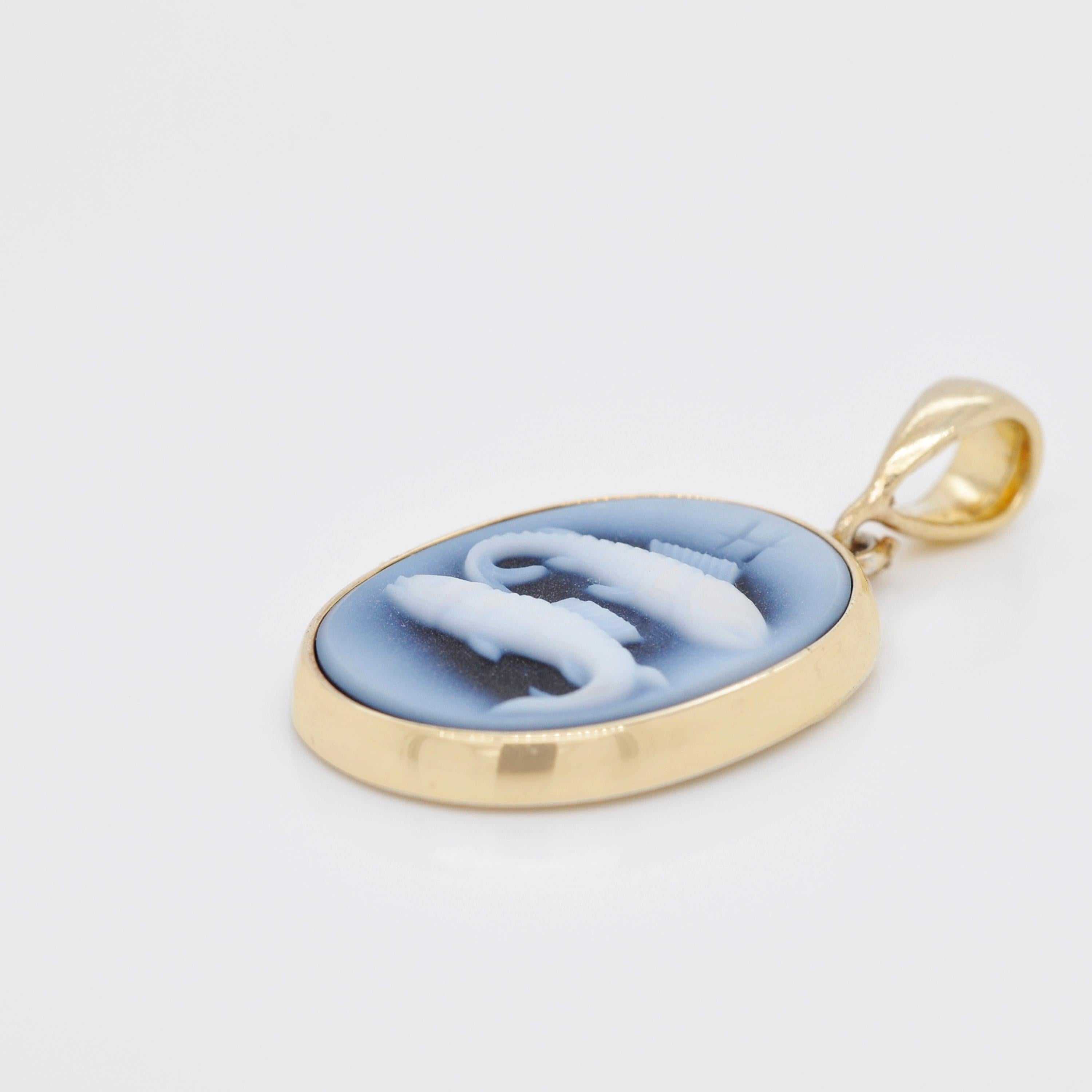 Taille ovale Collier pendentif en argent sterling 925 avec camée agate du zodiaque représentant des poissons, sculpté à la main en vente