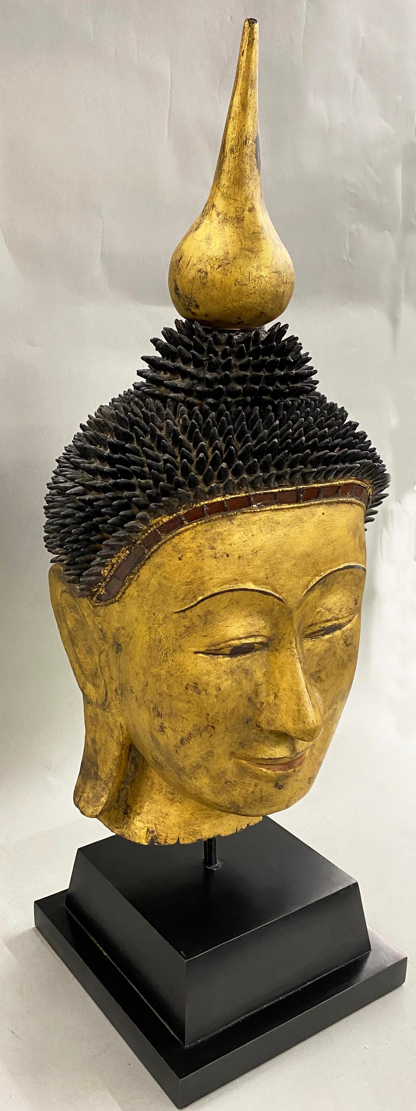 Asian Hand Carved Polychrome & Gilt Oriental Shan Style Buddha Head